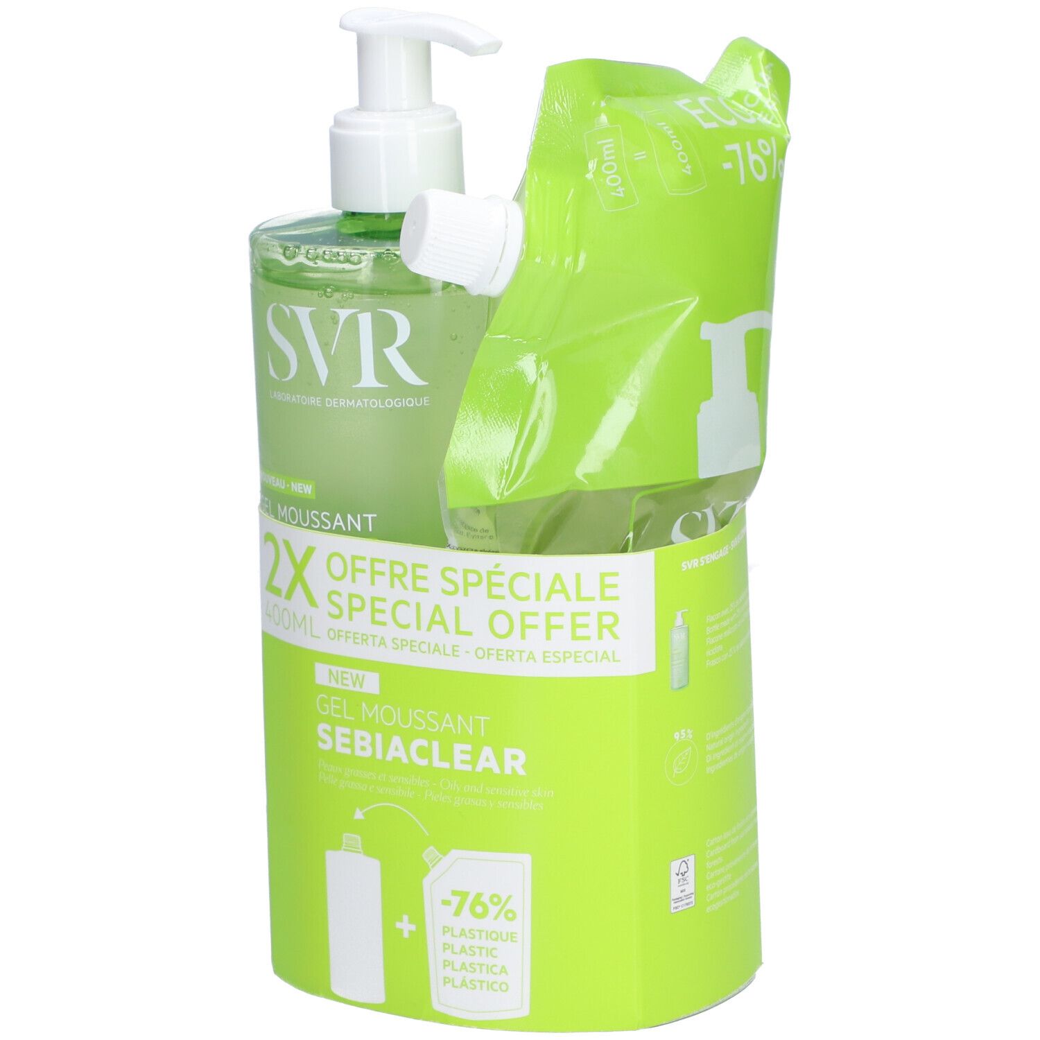 SVR Gel Moussant Sebiaclear avec recharge. Emballage vert. Produit et recharge.