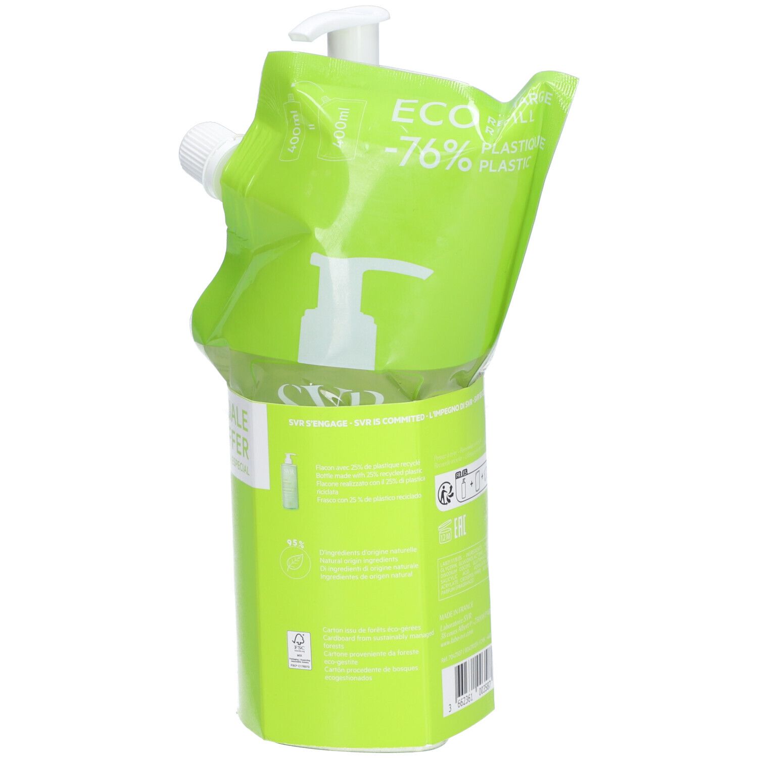 Recharge SVR Gel Moussant Sebiaclear. Emballage vert. ECO -76% plastique. Illustration produit.