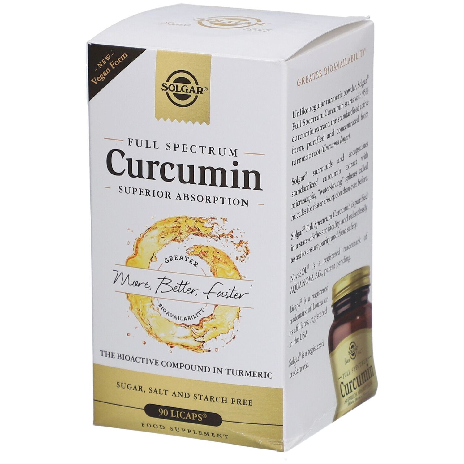 Boîte blanche Solgar Full Spectrum Curcumin. Inscription : Superior Absorption, 90 Licaps. Vegan Form.