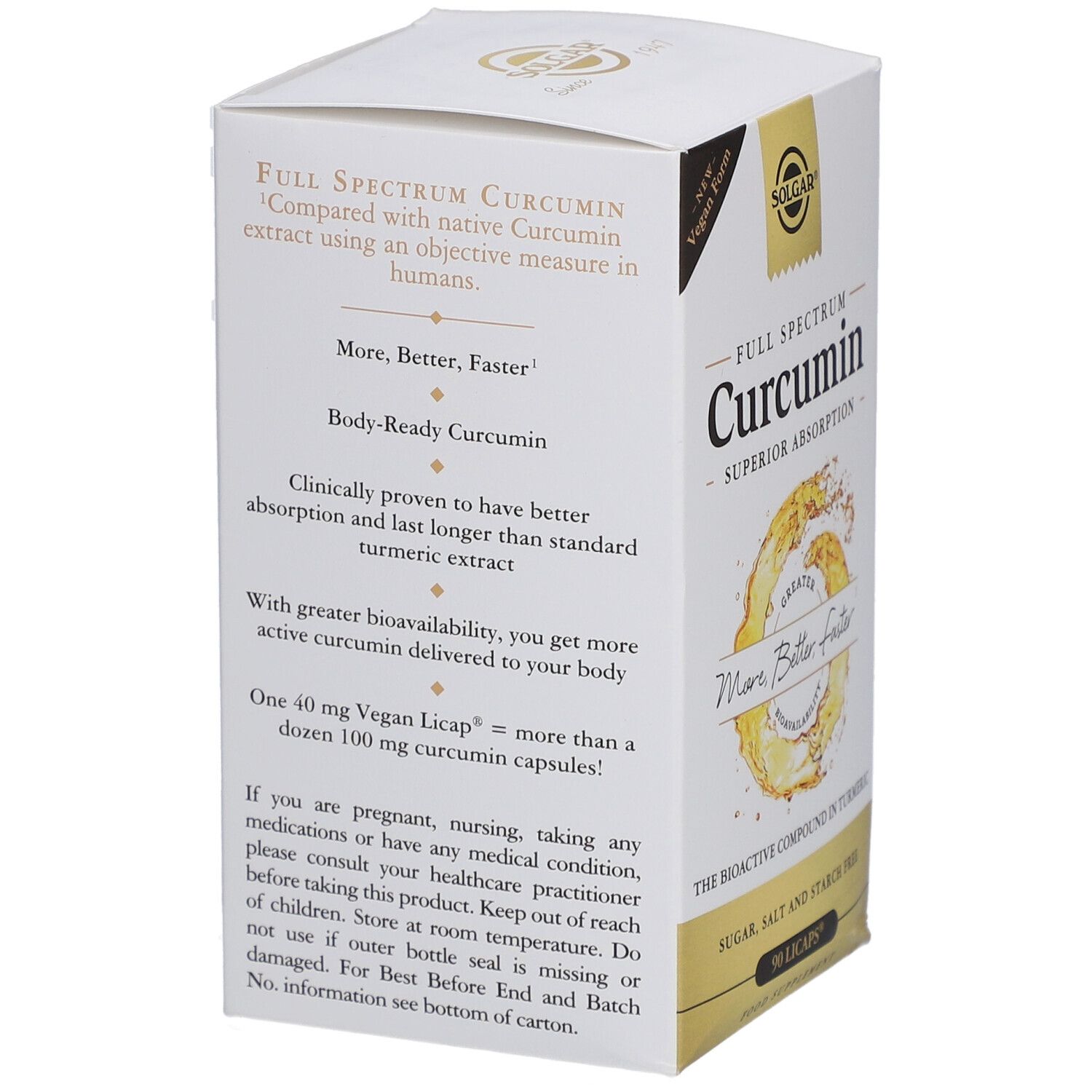 Boîte blanche avec texte sur Full Spectrum Curcumin. Vegan Form. Inscription : More, Better, Faster. 90 Licaps.