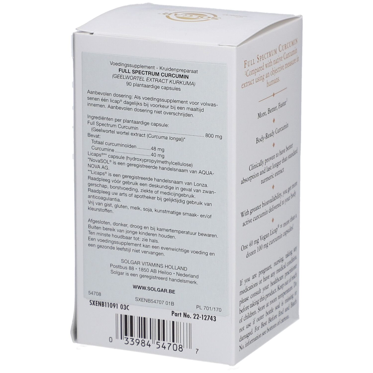Boîte blanche avec texte sur Full Spectrum Curcumin. Inscription : 90 Licaps. Liste des ingrédients. Vegan Form.
