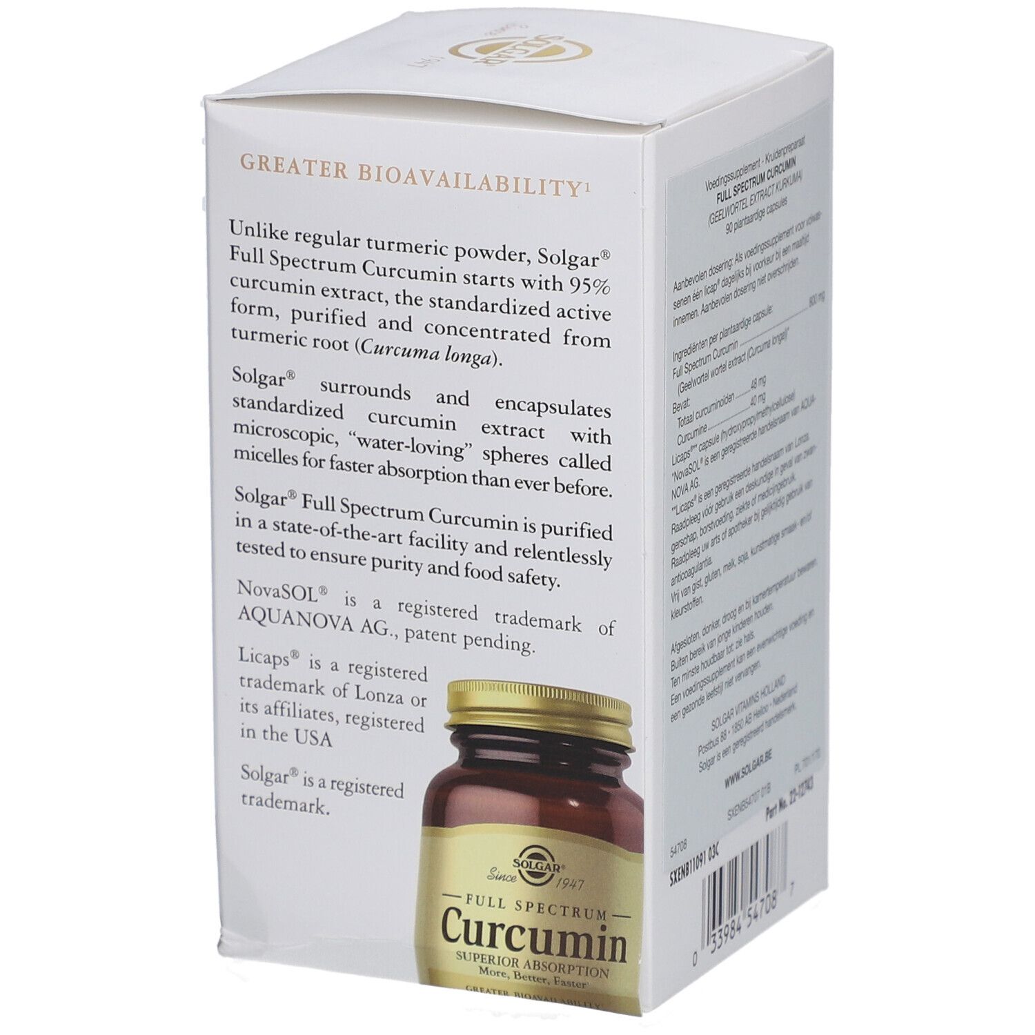 Boîte blanche avec texte sur Full Spectrum Curcumin. Inscription : Greater Bioavailability. Vegan Form. Bouteille illustrée.