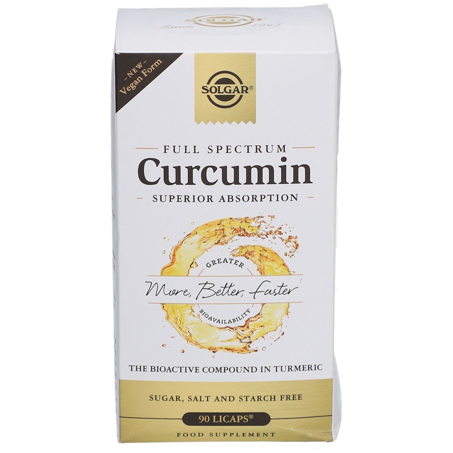 Boîte blanche Solgar Full Spectrum Curcumin. Inscription : Superior Absorption, 90 Licaps. Vegan Form.