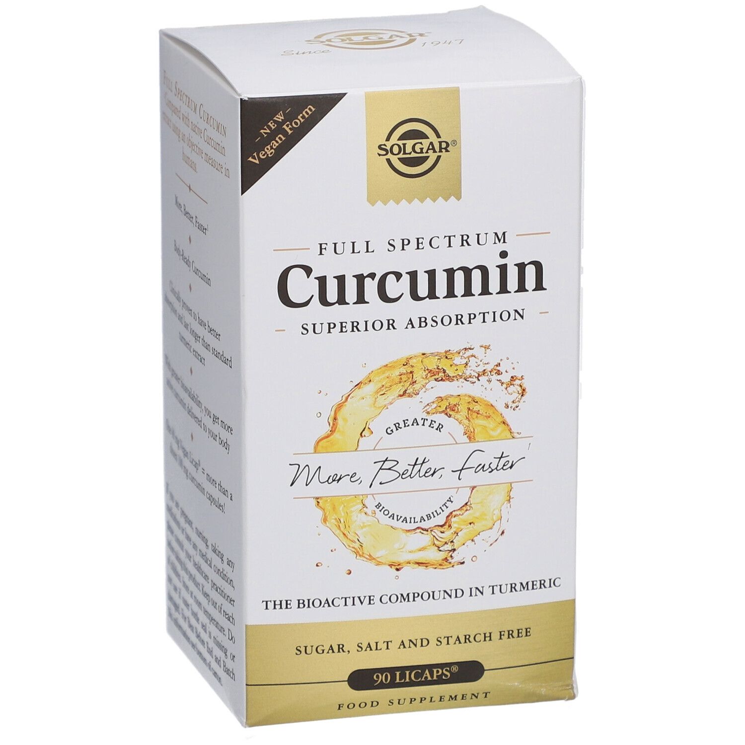 Boîte blanche Solgar Full Spectrum Curcumin. Inscription : Superior Absorption, 90 Licaps. Vegan Form.