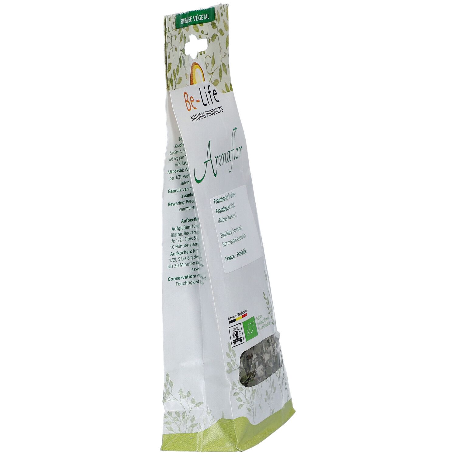 Be-Life Aromaflor. Sachet incliné. Fenêtre transparente. Texte: Framboosier feuilles, Rubus idaeus L., équilibre hormonal.
