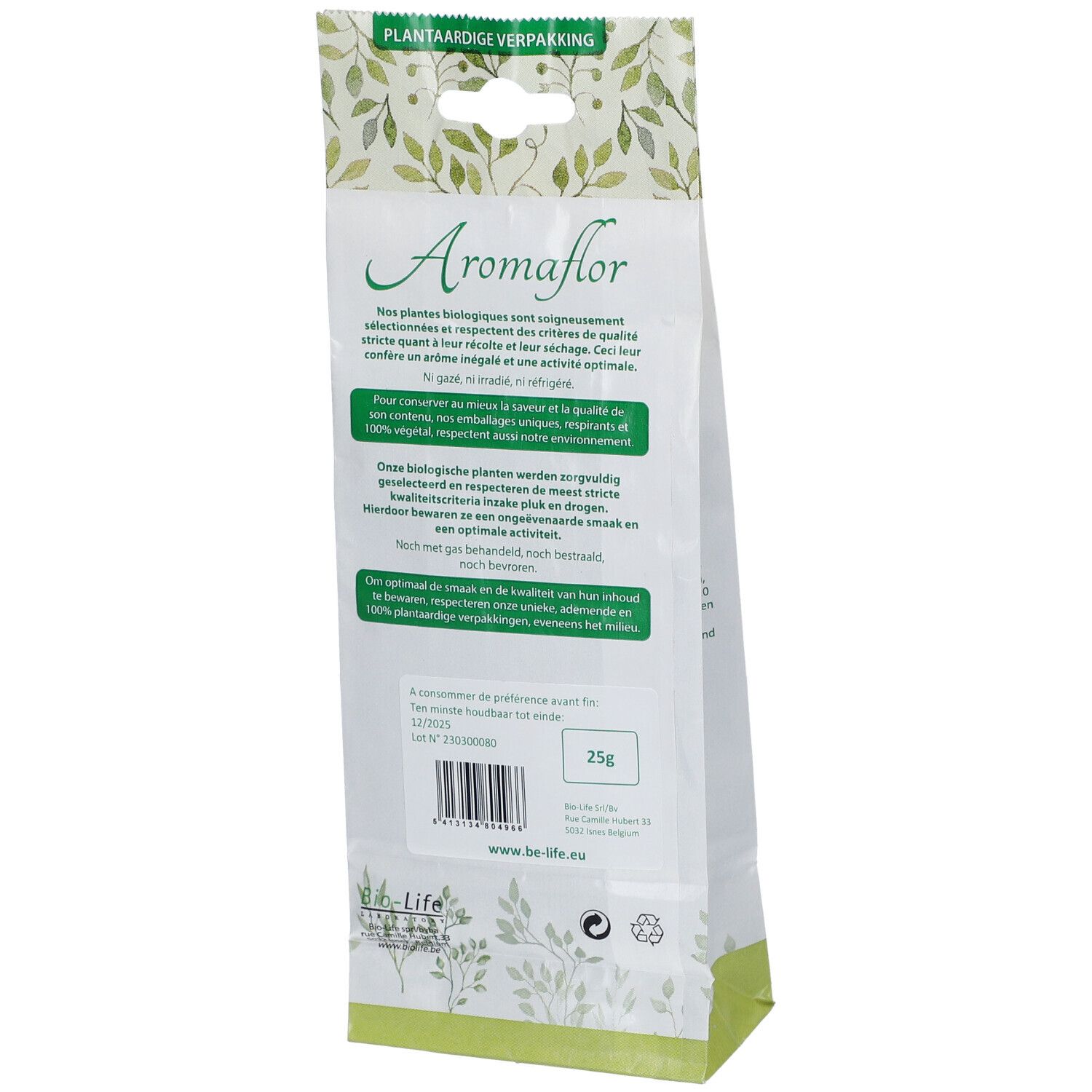 Be-Life Aromaflor. Dos du sachet. Texte: 25g, ingrédients, date limite, label bio. Emballage végétal.
