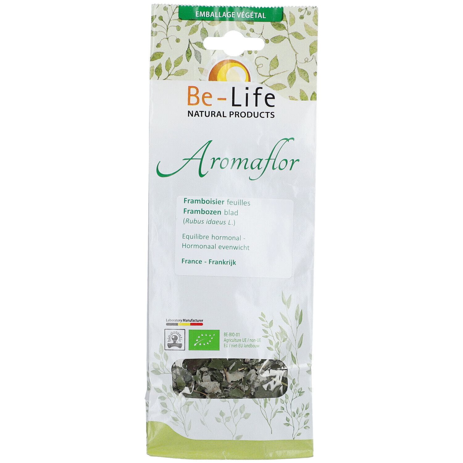 Be-Life Aromaflor. Sachet d'herbes. Texte: Framboosier feuilles, Rubus idaeus L., équilibre hormonal, France.