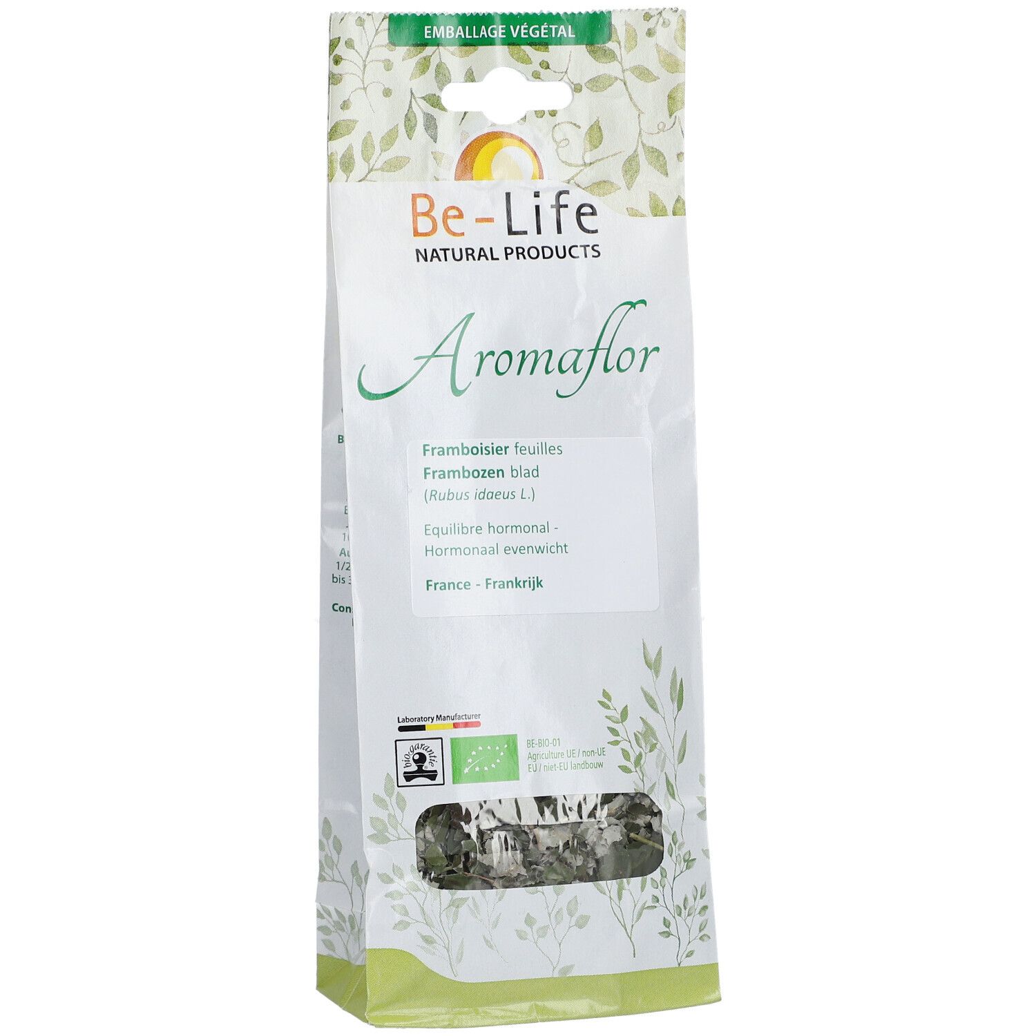 Be-Life Aromaflor. Sachet d'herbes. Texte: Framboosier feuilles, Rubus idaeus L., équilibre hormonal, France.