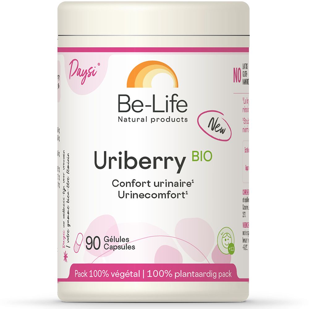 Boîte cylindrique Uriberry. Inscription: 90 gélules. Logo Be-Life Natural products. Pack 100% végétal.