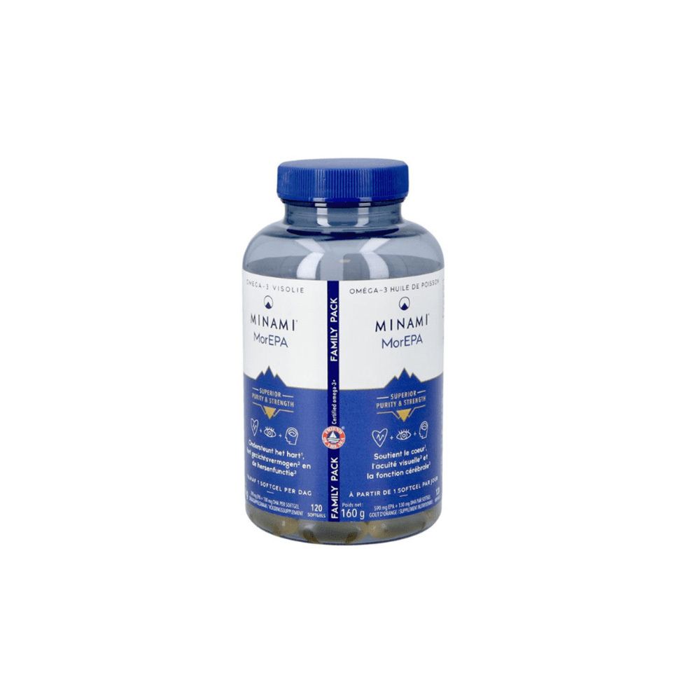 Flacon transparent avec bouchon bleu. Étiquette Minami MorEPA. Contient 120 gélules.