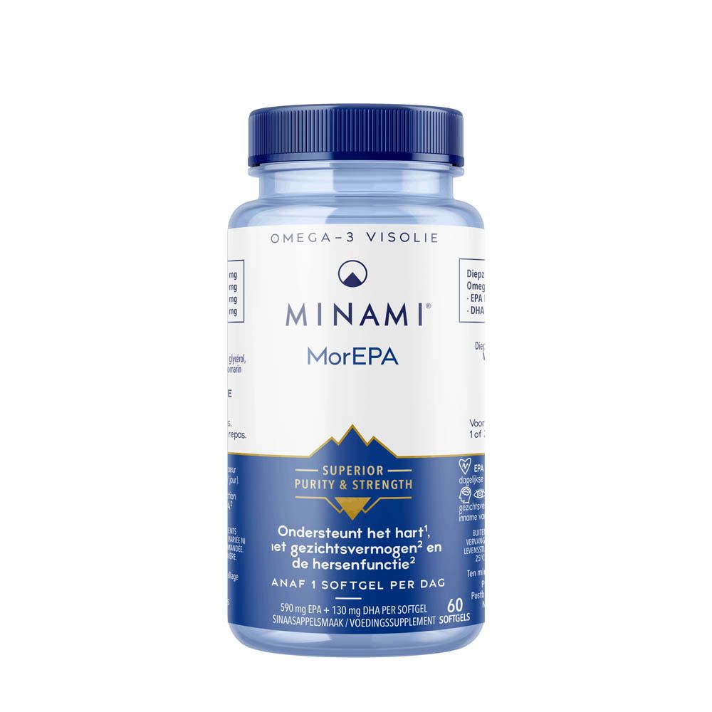 Transparante fles met blauwe dop. Etiket met productnaam Minami Morepa en informatie over omega-3 visolie.