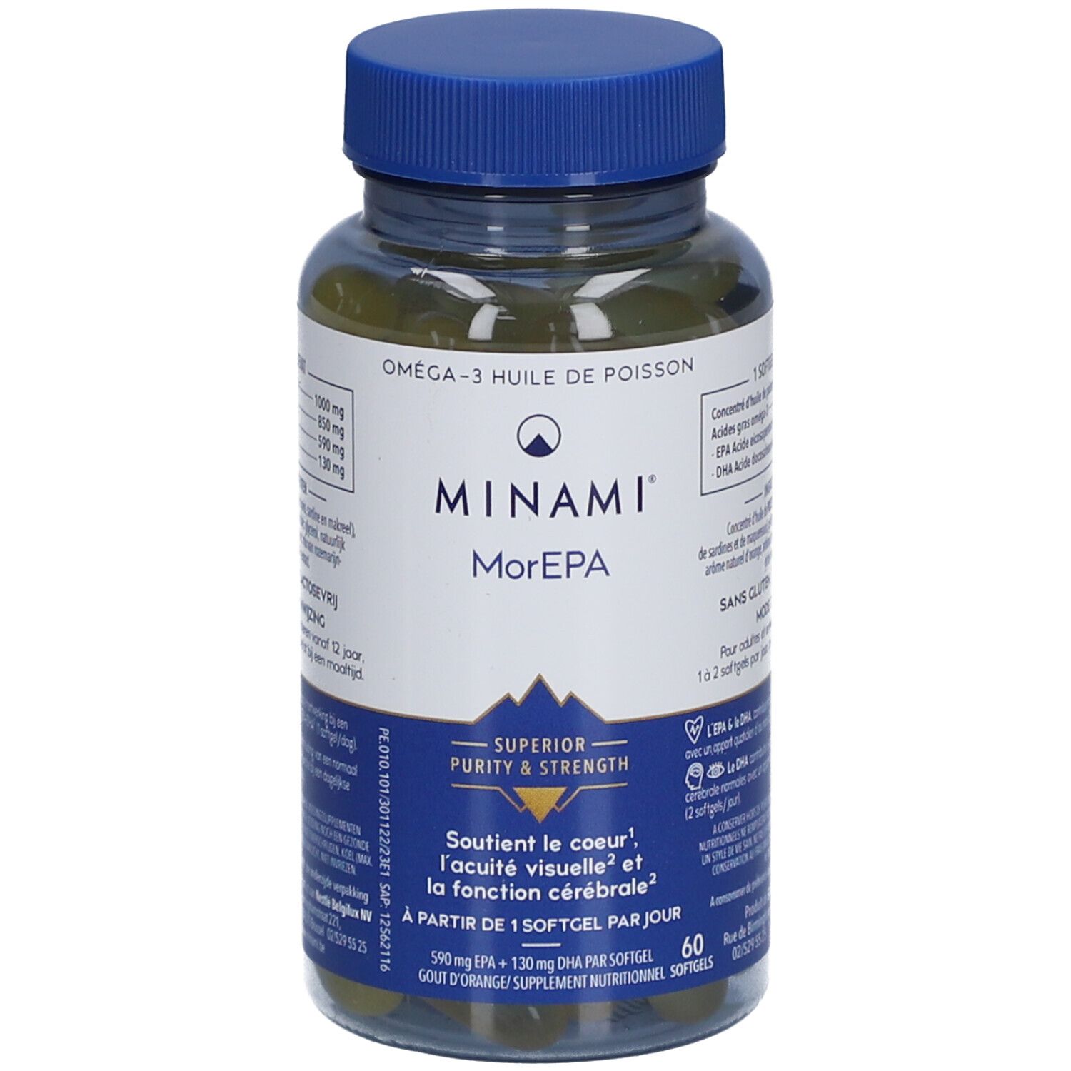 Flacon transparent avec bouchon bleu. Étiquette avec nom du produit Minami Morepa et informations sur l'huile de poisson oméga-3.