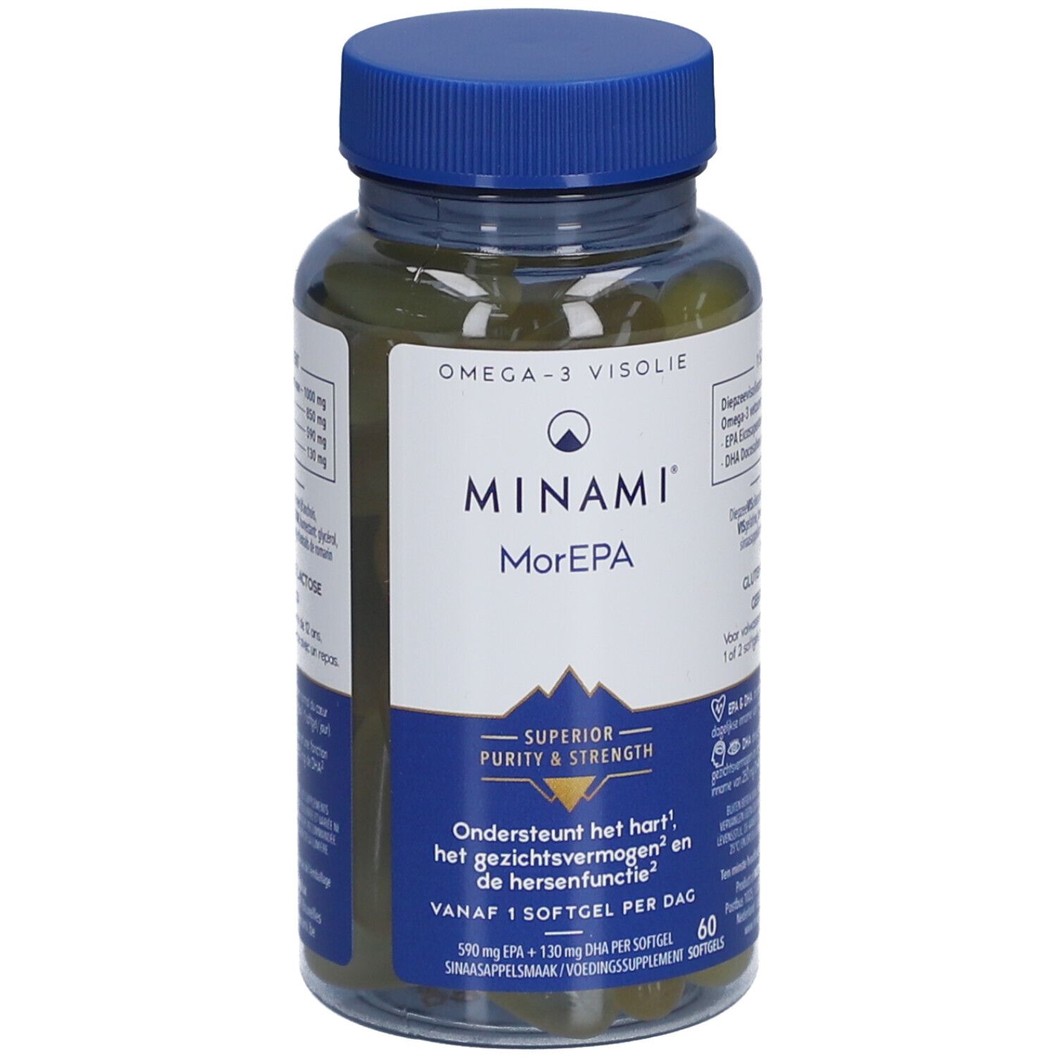 Flacon transparent avec bouchon bleu. Étiquette avec nom du produit Minami Morepa et informations sur l'huile de poisson oméga-3.