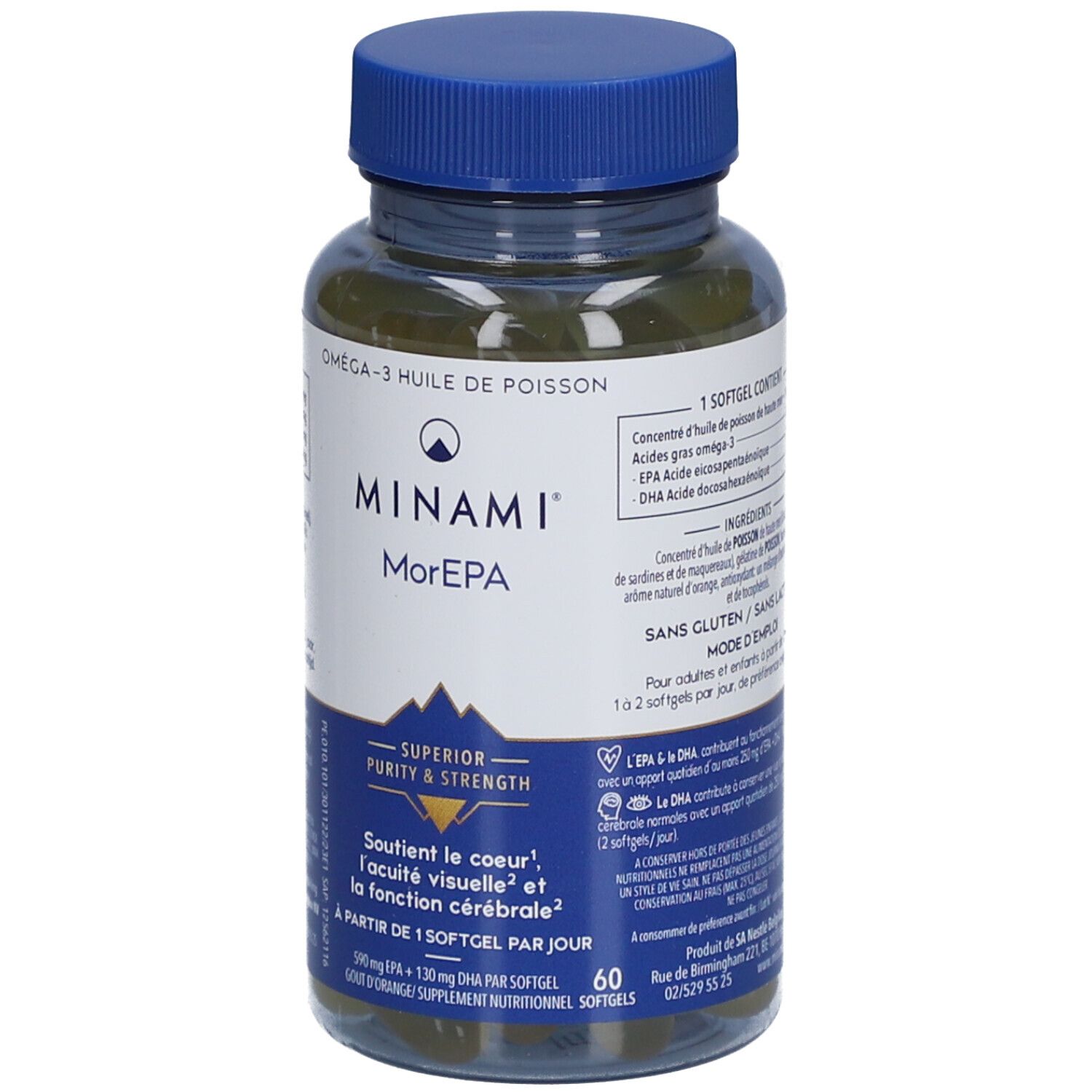 Flacon transparent avec bouchon bleu. Étiquette avec nom du produit Minami Morepa et informations sur l'huile de poisson oméga-3.