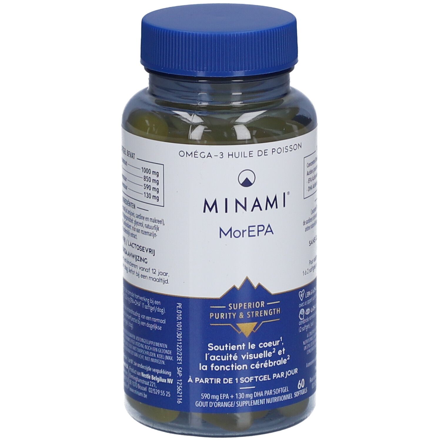 Flacon transparent avec bouchon bleu. Étiquette avec nom du produit Minami Morepa et informations sur l'huile de poisson oméga-3.
