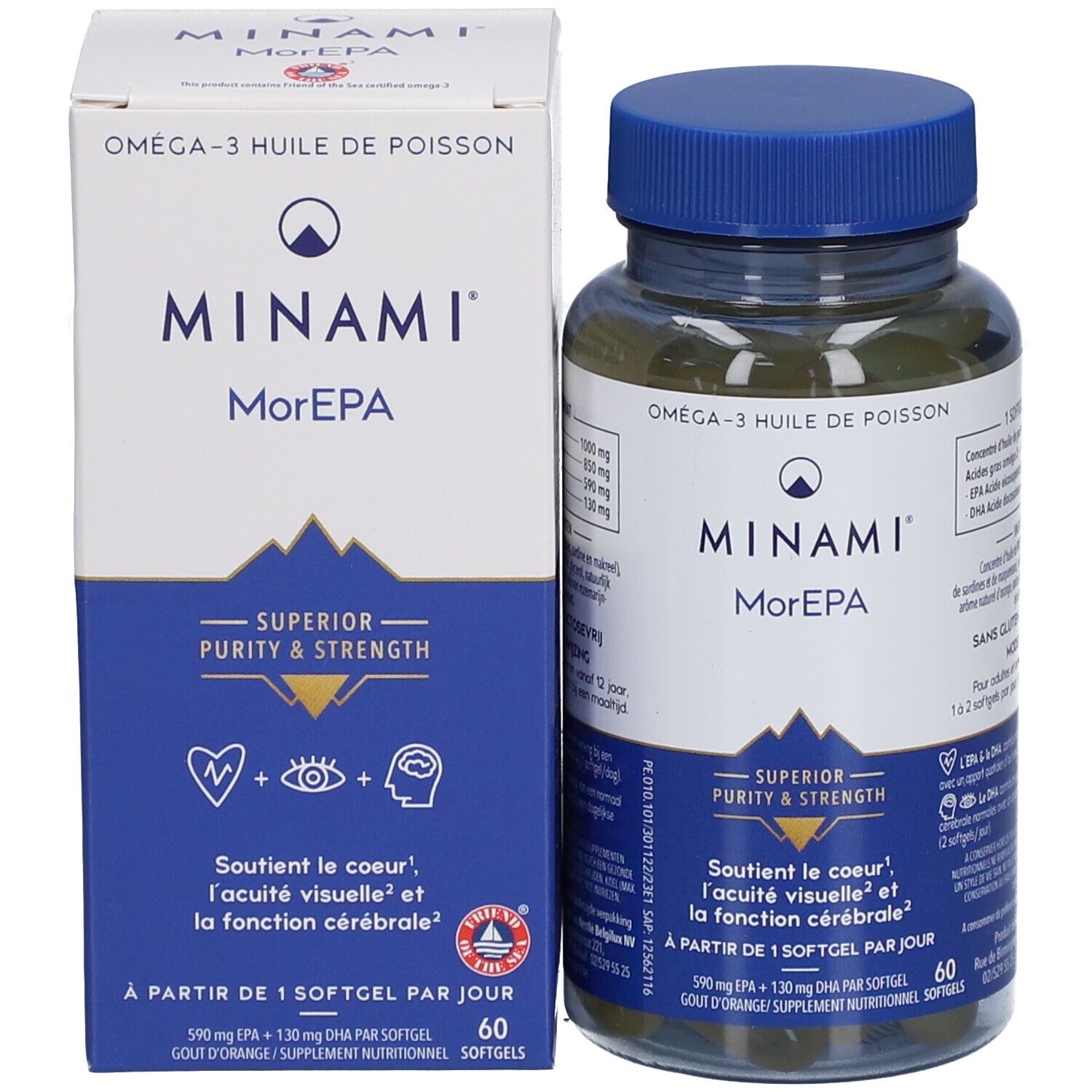 Flacon et boîte Minami Morepa. La boîte affiche le produit et des informations. Le flacon est à côté.