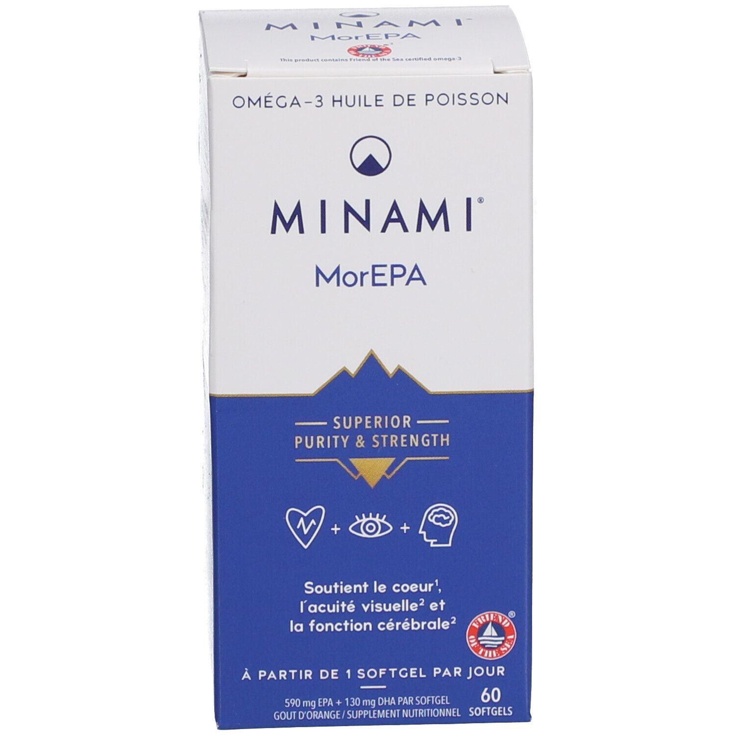 Boîte blanche avec couvercle bleu. Inscription Minami Morepa, huile de poisson oméga-3. Contient des informations et des logos.