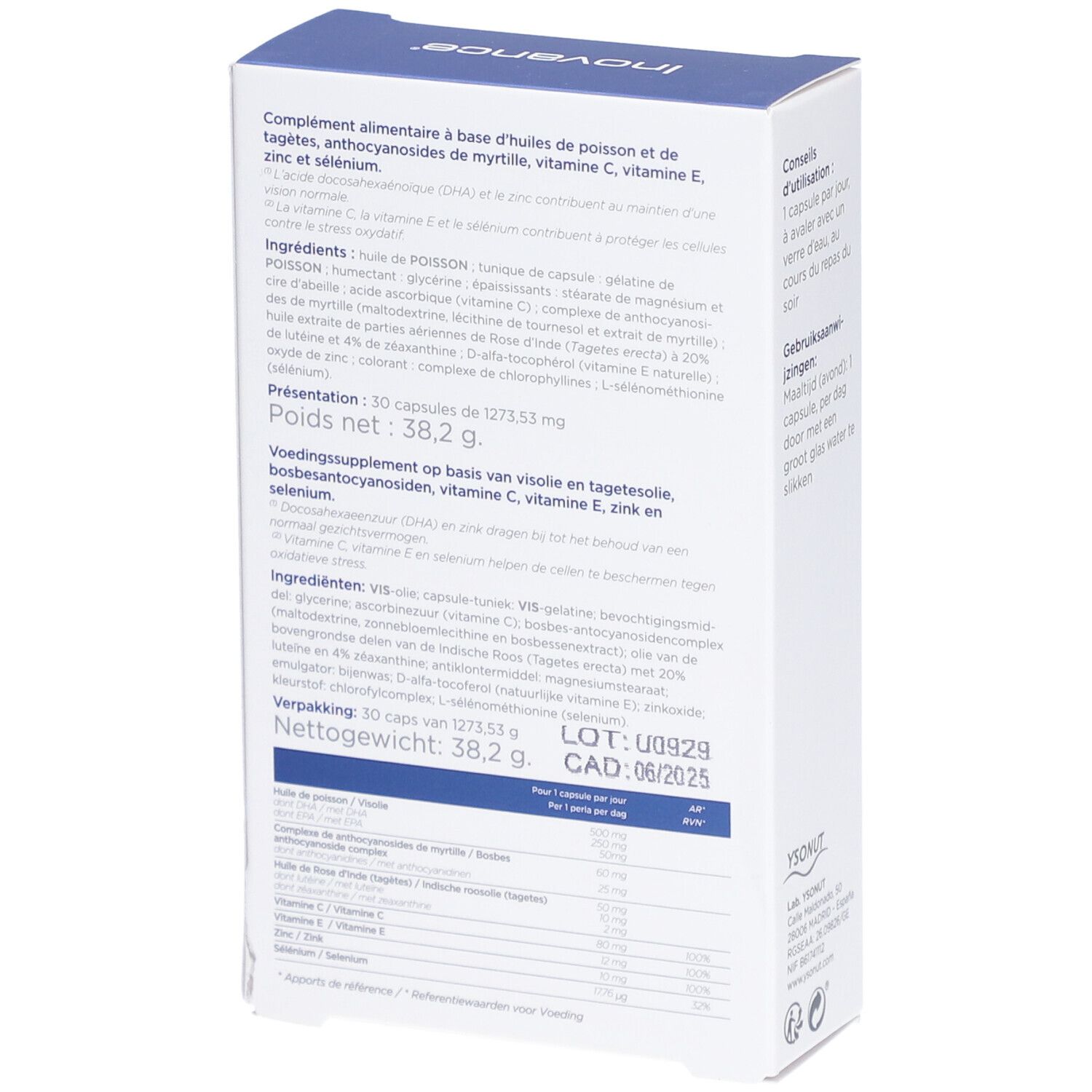 Dos de la boîte Inovance Visiovance. Ingrédients, informations nutritionnelles, poids net 38,2 g, numéro de lot, date de péremption.