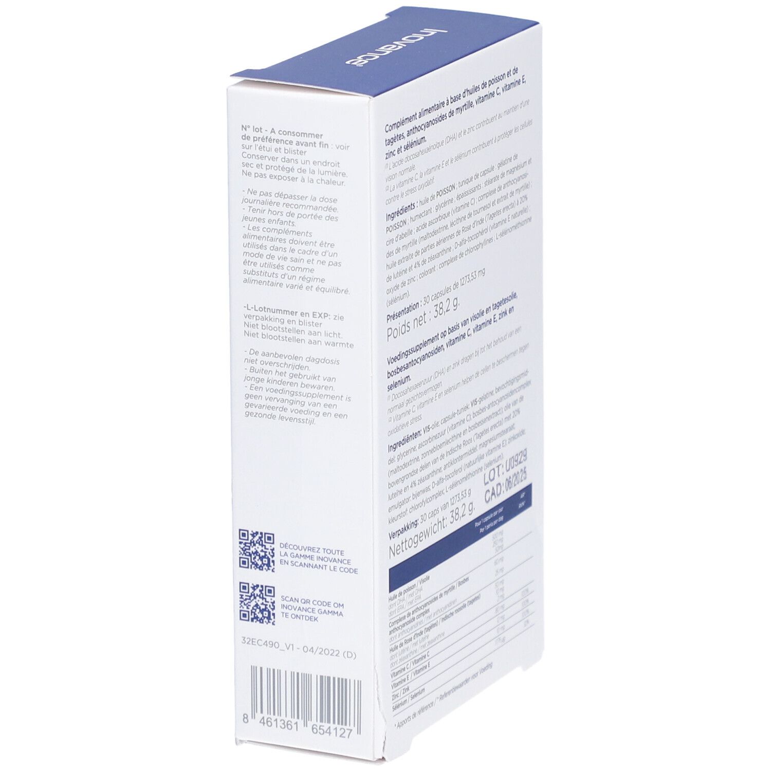 Dos de la boîte Inovance Visiovance. Ingrédients, informations nutritionnelles, poids net 38,2 g, numéro de lot, date de péremption.