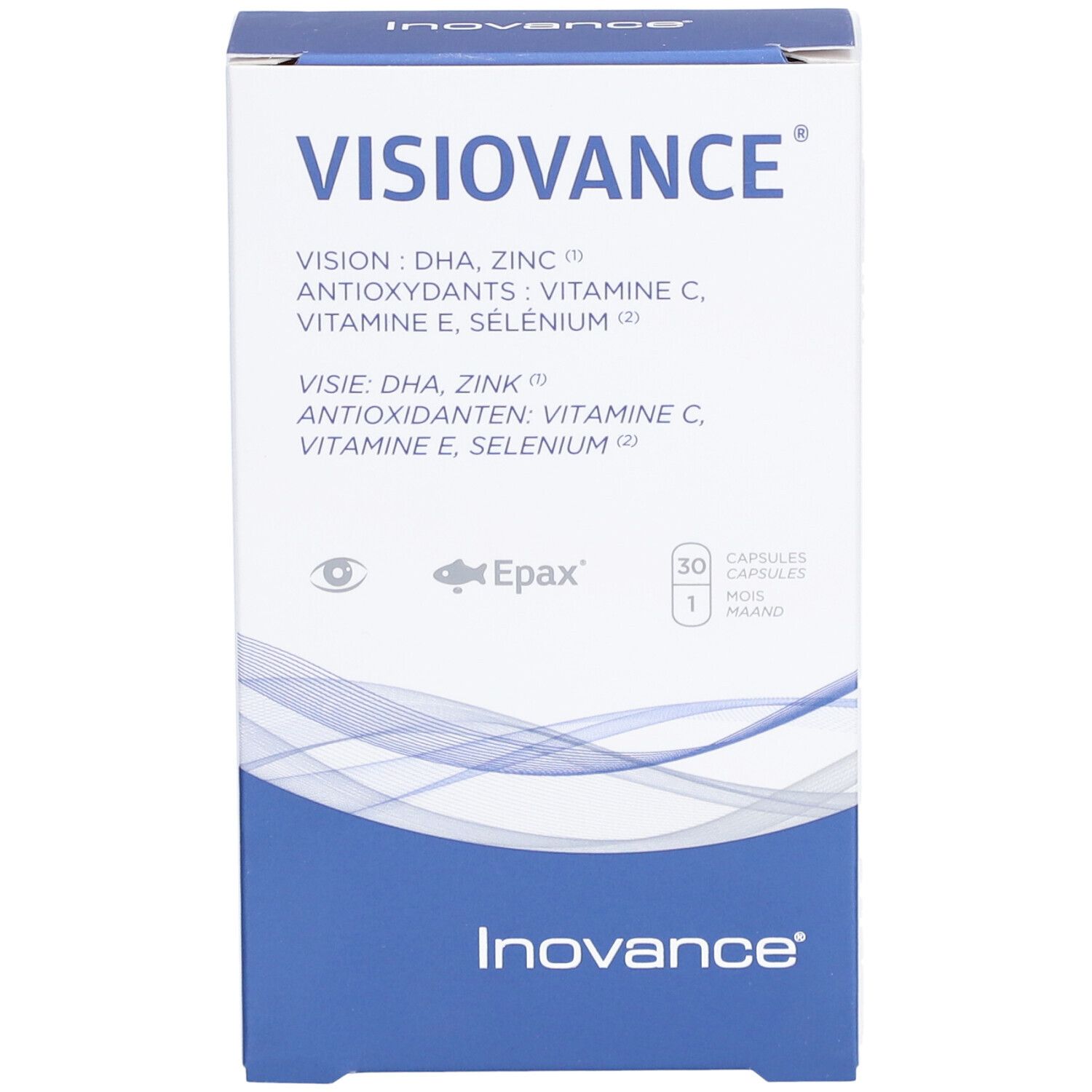 Boîte Inovance Visiovance. Inscription: Vision, DHA, Zinc, Antioxydants, Vitamine C, E, Sélénium. 30 gélules.