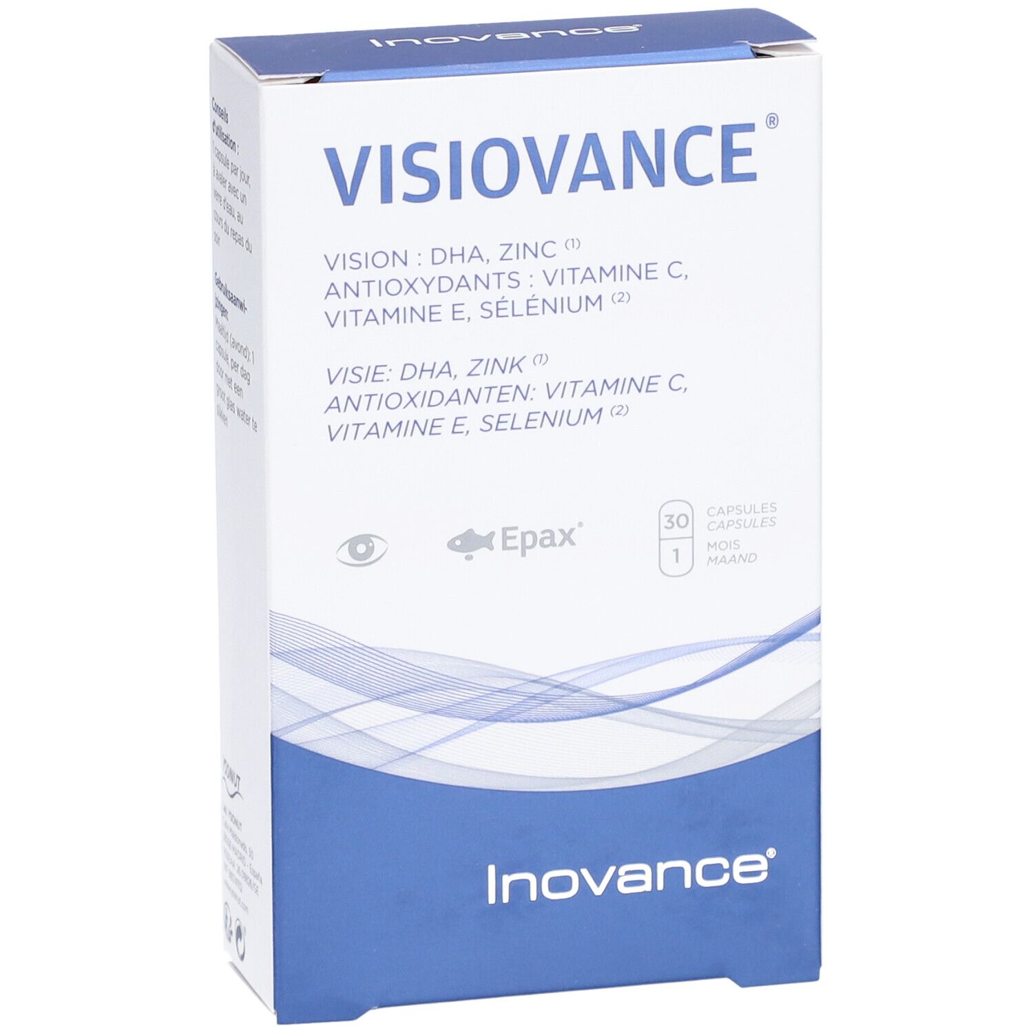 Boîte Inovance Visiovance. Inscription: Vision, DHA, Zinc, Antioxydants, Vitamine C, E, Sélénium. 30 gélules.