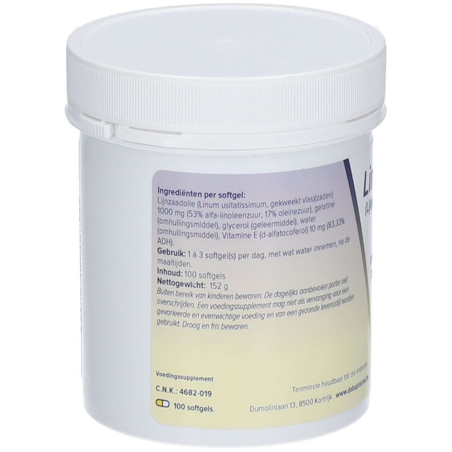 Achterkant van de witte Linomil pot. Tekst: Ingrediënten, gebruiksaanwijzing, inhoud 100 softgels, nettogewicht 152 g.