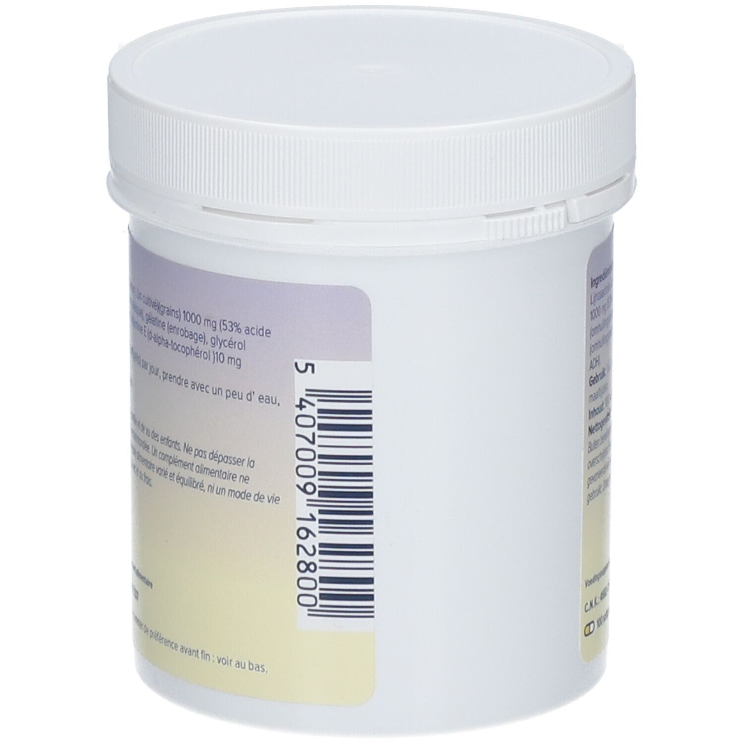 Achterkant van de witte Linomil pot. Barcode en tekst.