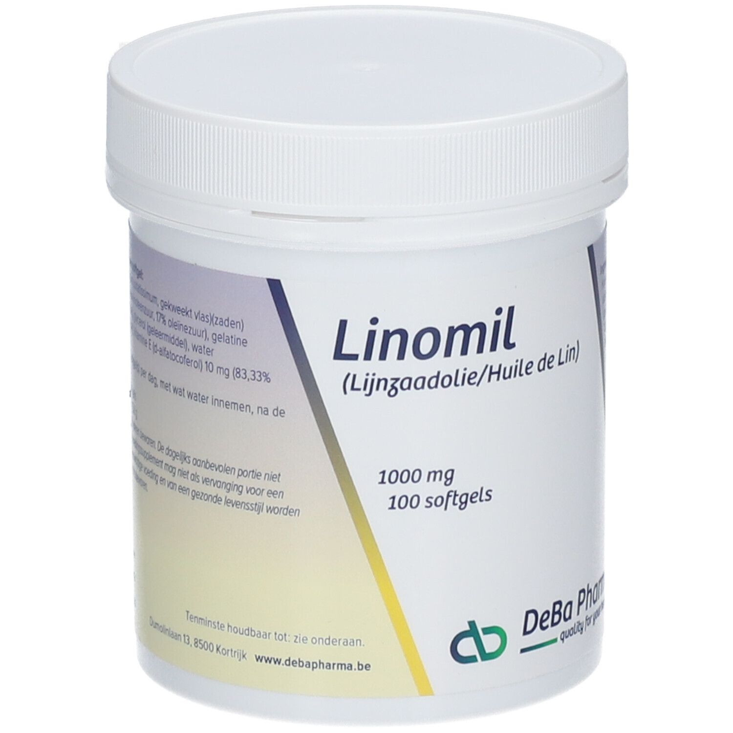 Witte Linomil pot met deksel. Opschrift: Linomil, 1000 mg, 100 softgels. DeBa Pharma logo.
