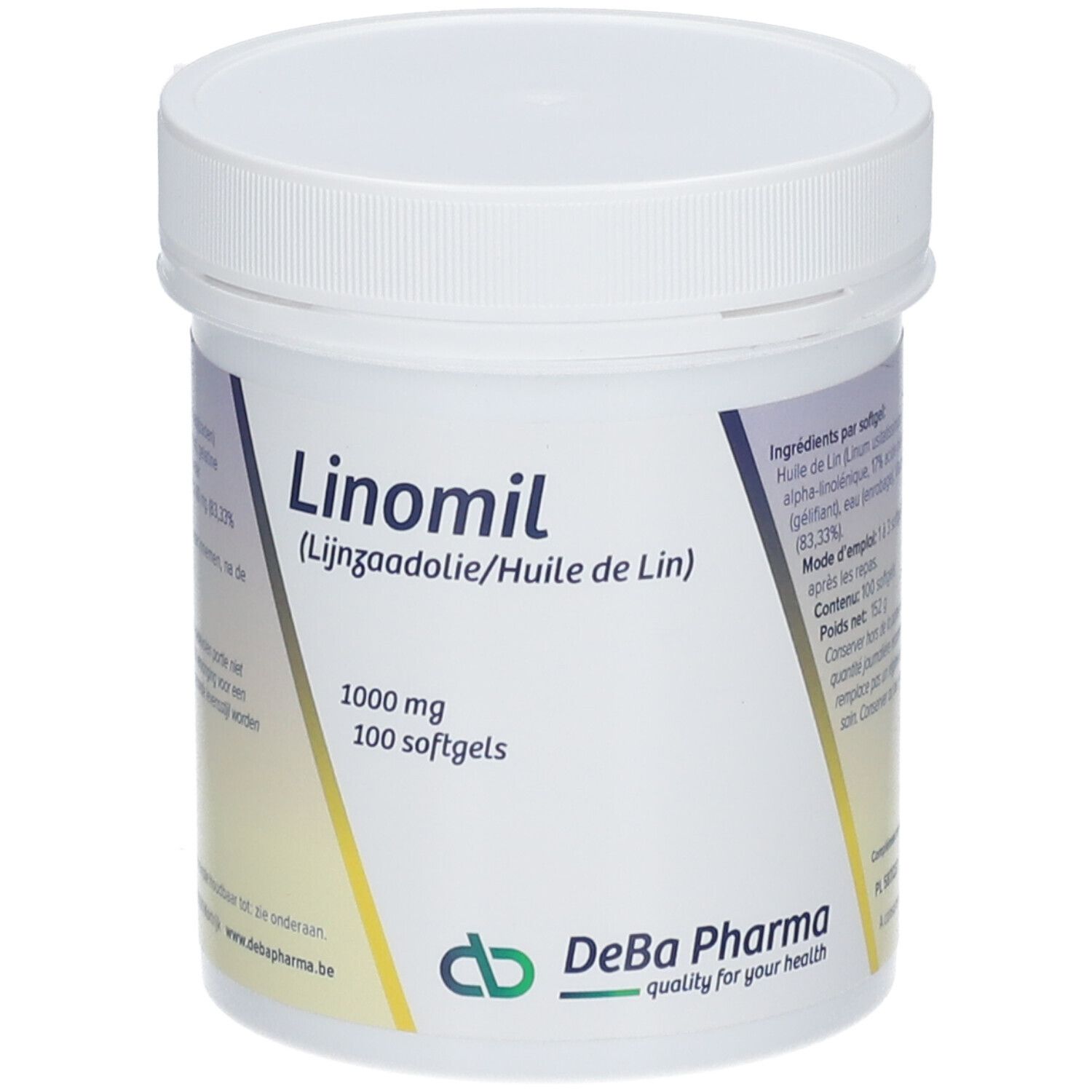 Witte Linomil pot met deksel. Opschrift: Linomil, 1000 mg, 100 softgels. DeBa Pharma logo.