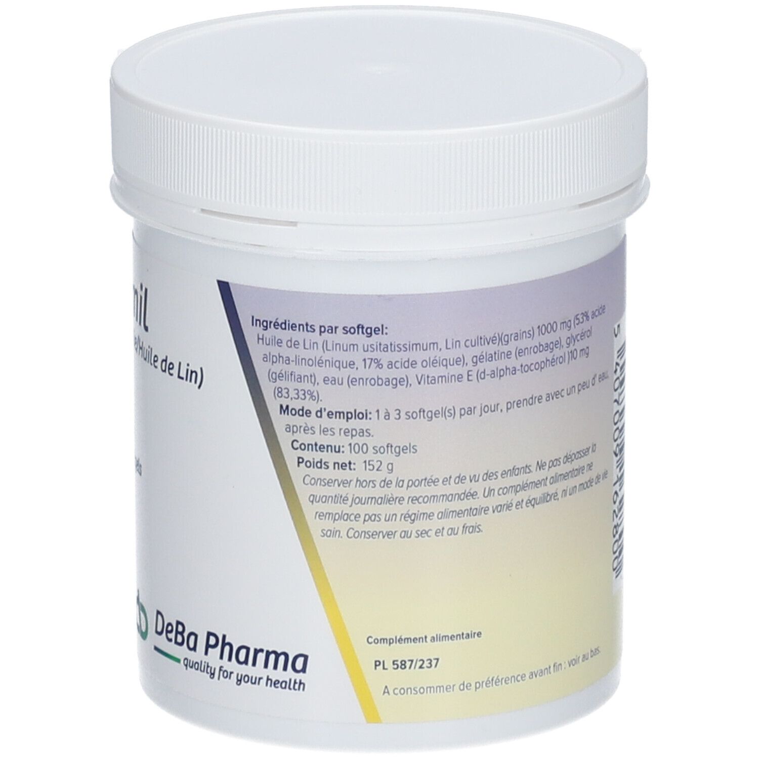 Achterkant van de witte Linomil pot. Tekst: Ingrediënten, gebruiksaanwijzing, inhoud 100 softgels, nettogewicht 152 g.