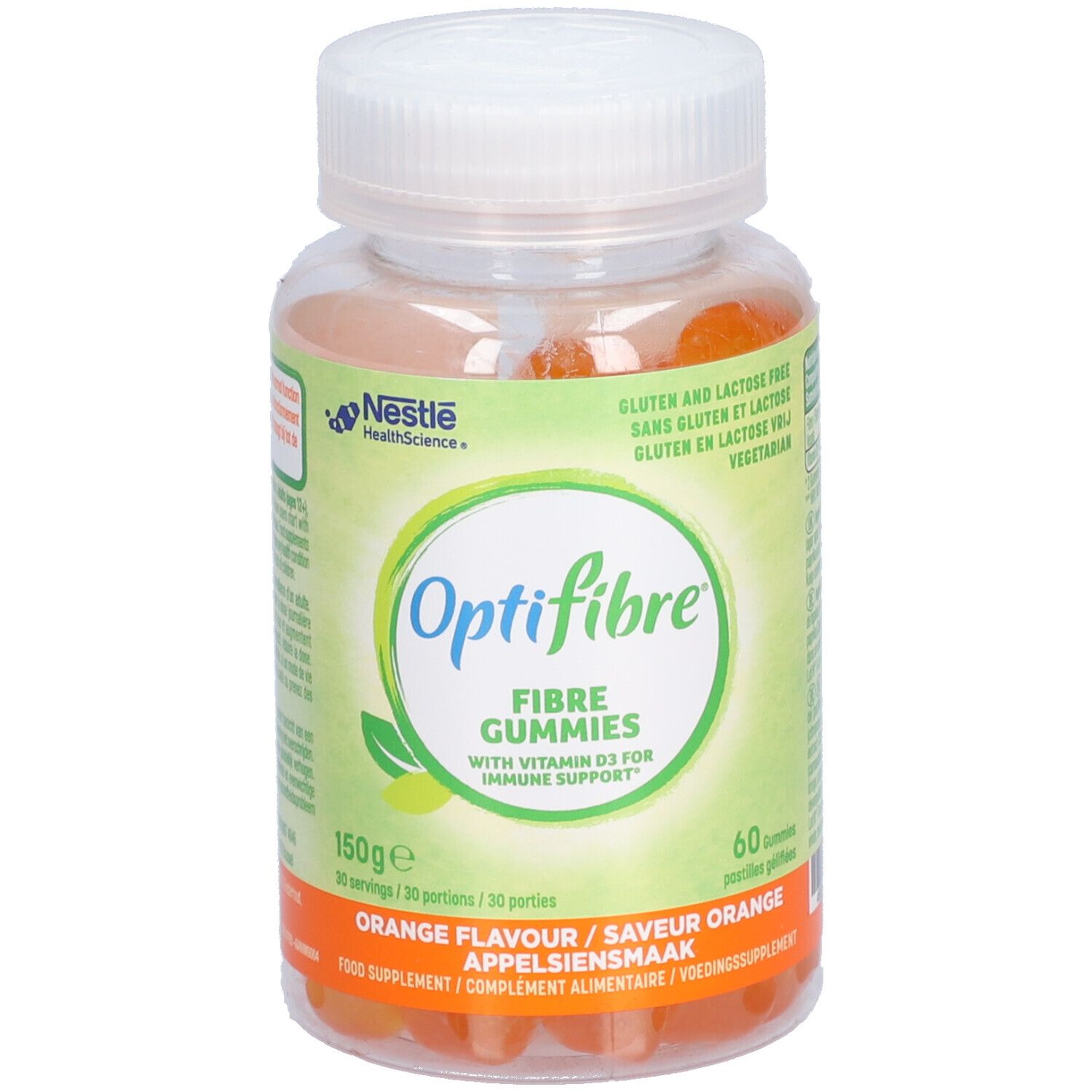 Flacon transparent de Nestle Optifibre Gummies. Inscription: Optifibre Fibre Gummies, Orange flavour. Contient 60 gommes.