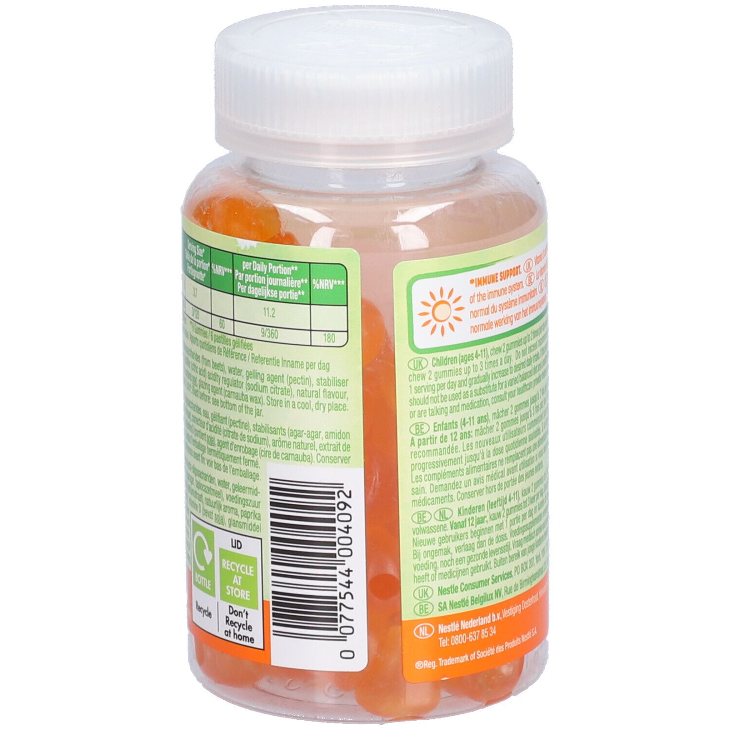 Dos du flacon Nestle Optifibre Gummies. Contient des informations sur les ingrédients et la valeur nutritionnelle. Symbole de recyclage.