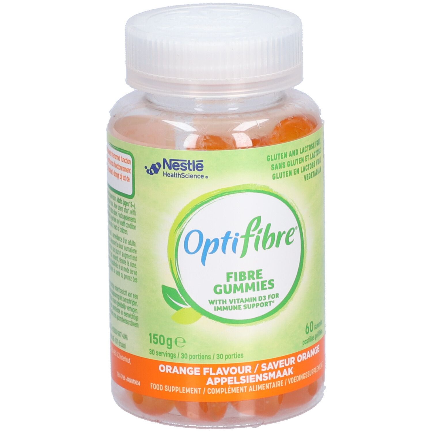 Flacon transparent de Nestle Optifibre Gummies. Inscription: Optifibre Fibre Gummies, Orange flavour. Contient 60 gommes.