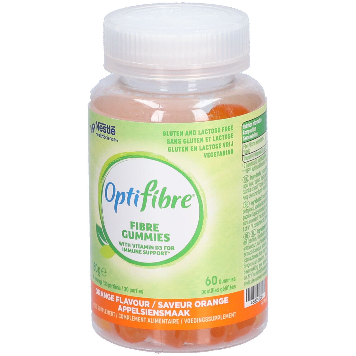Flacon transparent de Nestle Optifibre Gummies. Inscription: Optifibre Fibre Gummies, Orange flavour. Contient 60 gommes.