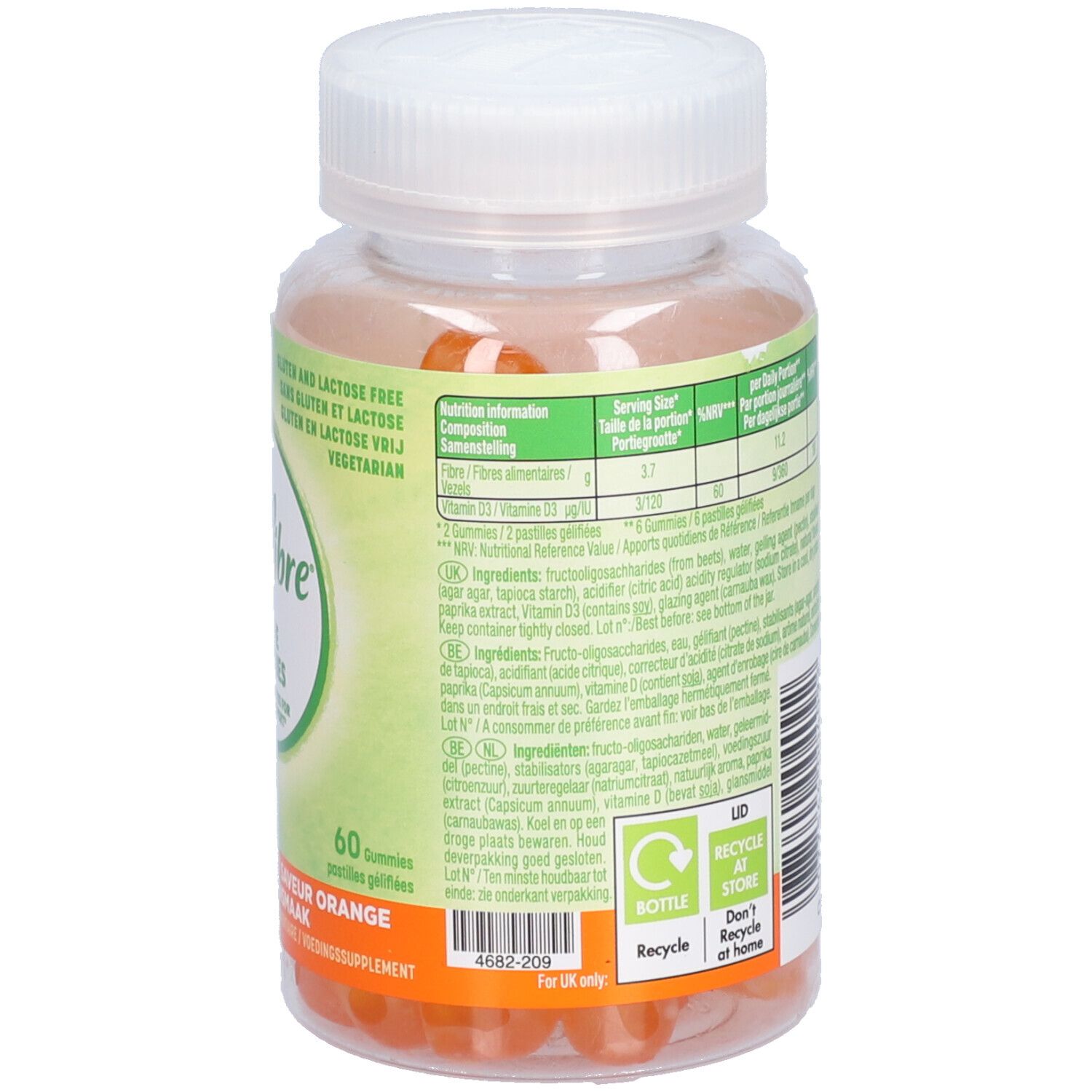 Dos du flacon Nestle Optifibre Gummies. Contient des informations sur les ingrédients et la valeur nutritionnelle. Symbole de recyclage.