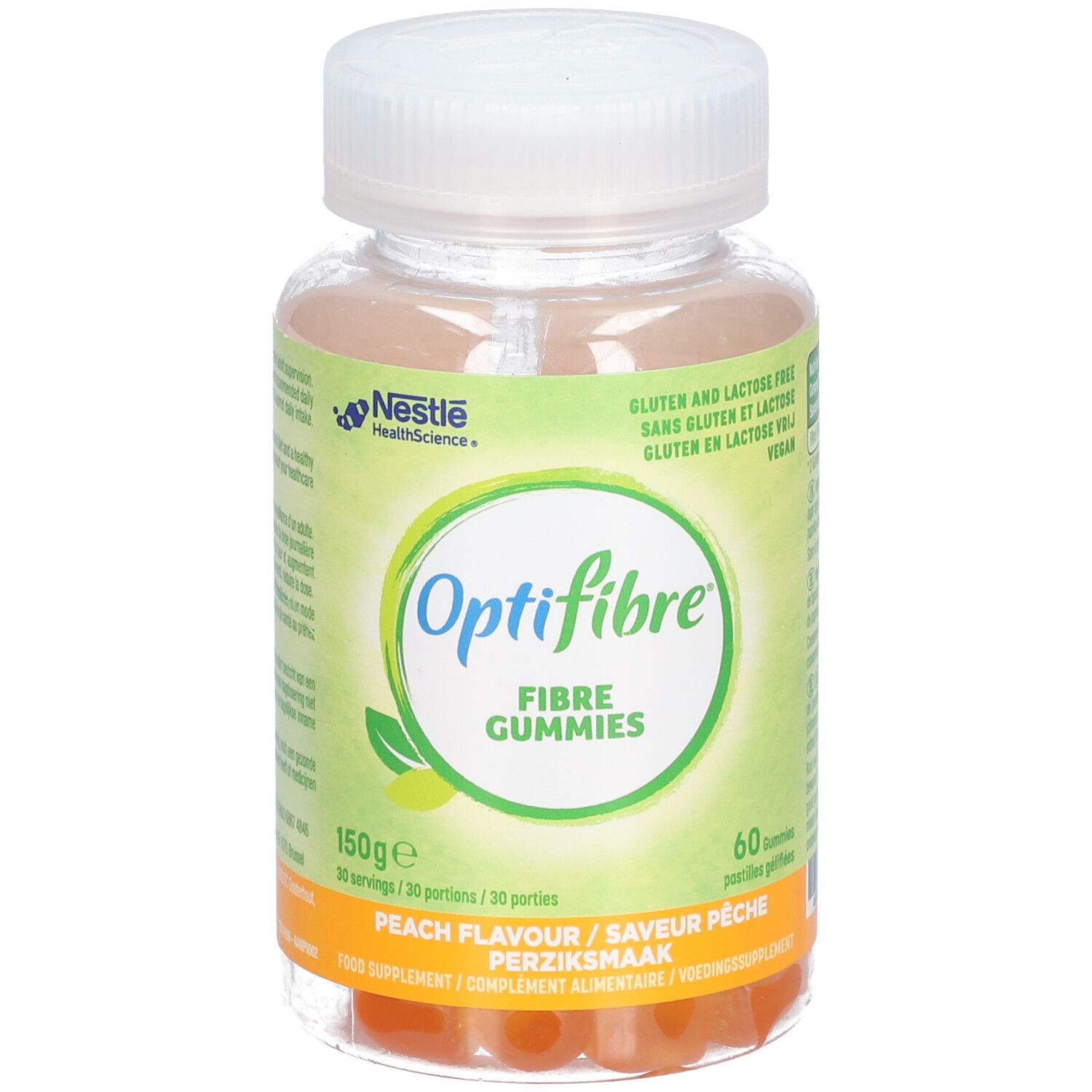 Flasche mit Optifibre Gummies Perziksmaak. Etikett mit Logo, Text und Inhaltsangaben. 60 Gummies, 150g.