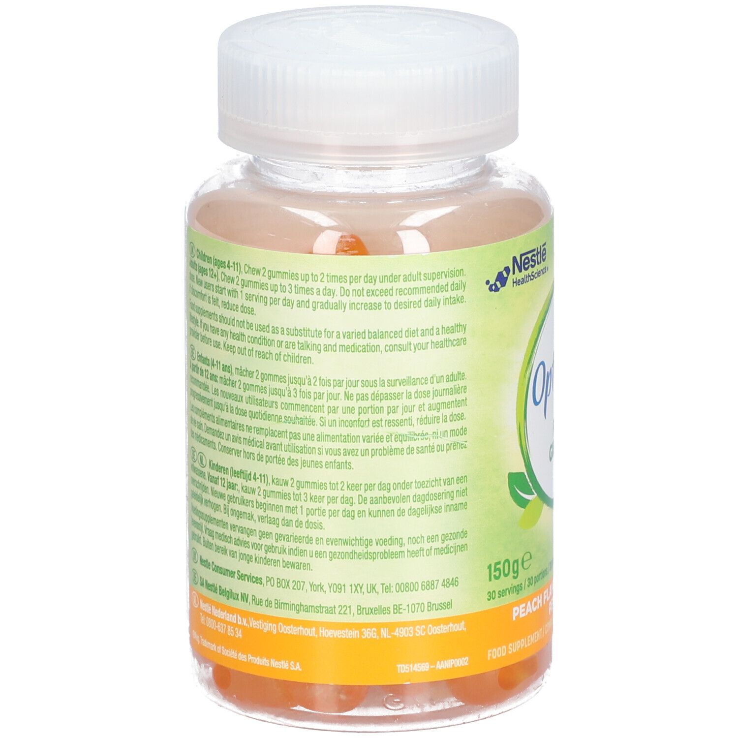 Rückansicht der Flasche Optifibre Gummies Perziksmaak. Textinformationen auf dem Etikett. 150g, 60 Gummies.