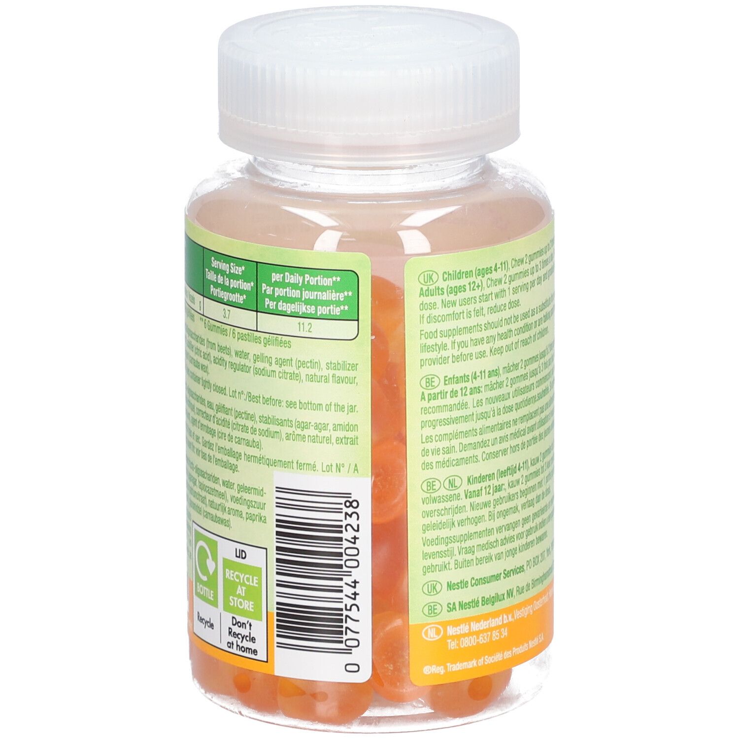 Rückansicht der Flasche Optifibre Gummies Perziksmaak. Detailinformationen zu Inhaltsstoffen und Dosierung. 60 Gummies.