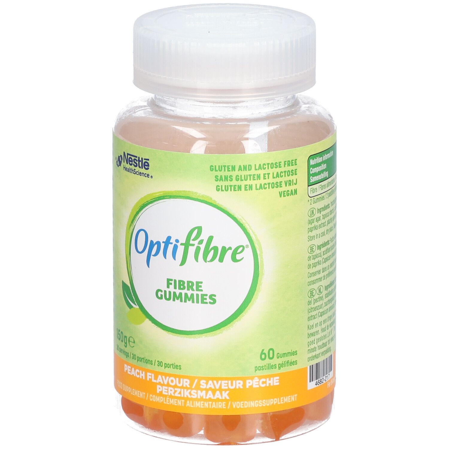 Flasche Optifibre Gummies Perziksmaak. Etikett mit Logo, Text und Inhaltsangaben. 60 Gummies, 150g.