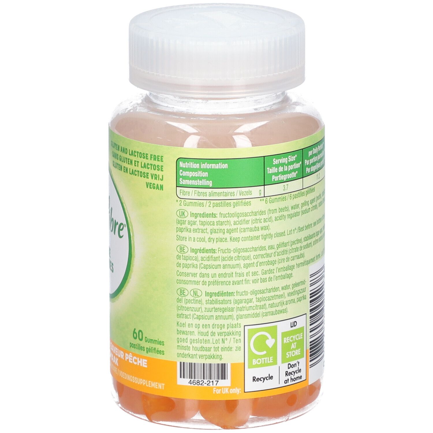 Rückansicht der Flasche Optifibre Gummies Perziksmaak. Inhaltsangaben und Nährwerttabelle. 60 Gummies.