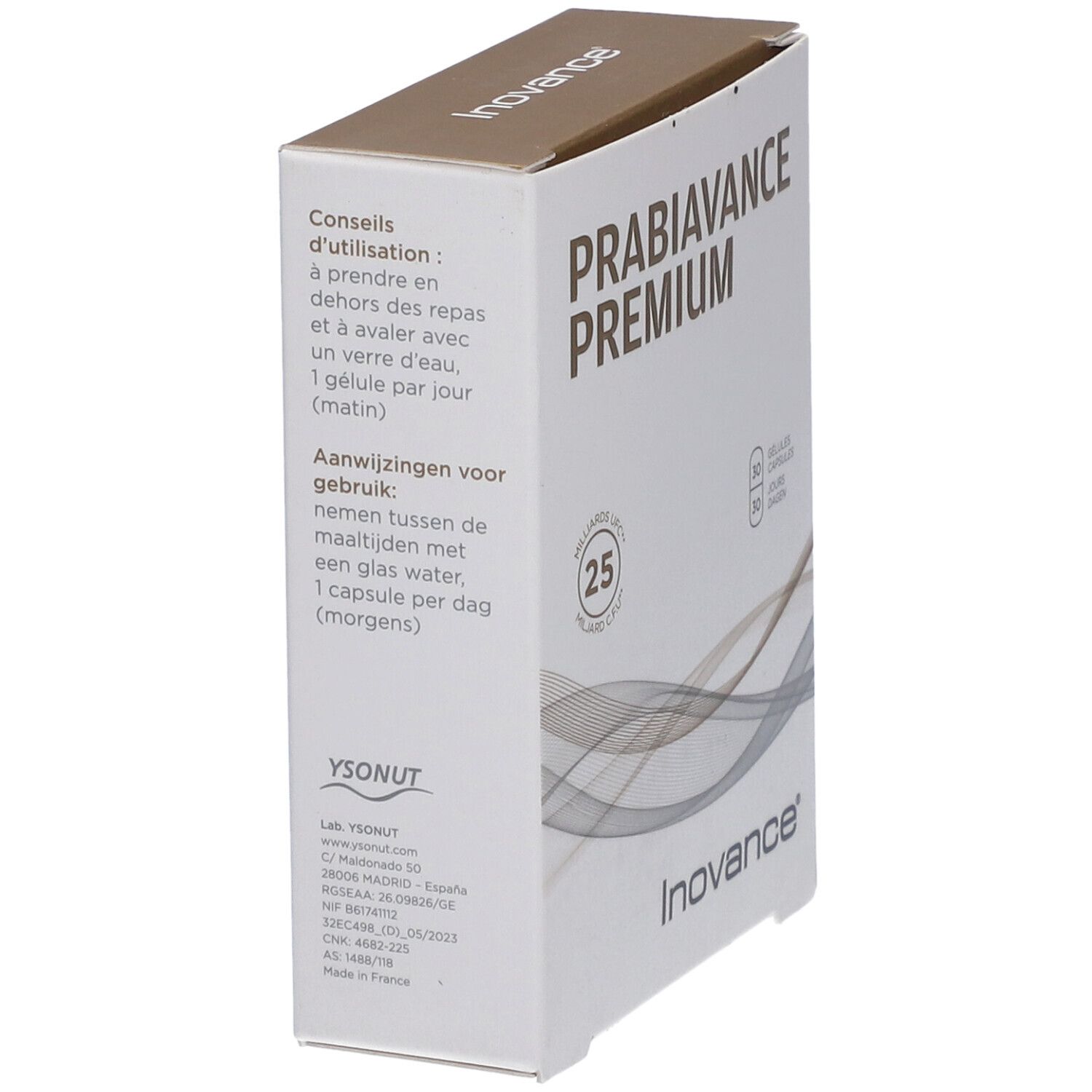 PROBIOVANCE® PREMIUM verpakking. Zijkant met instructies in het Frans en Nederlands. Inovance logo.