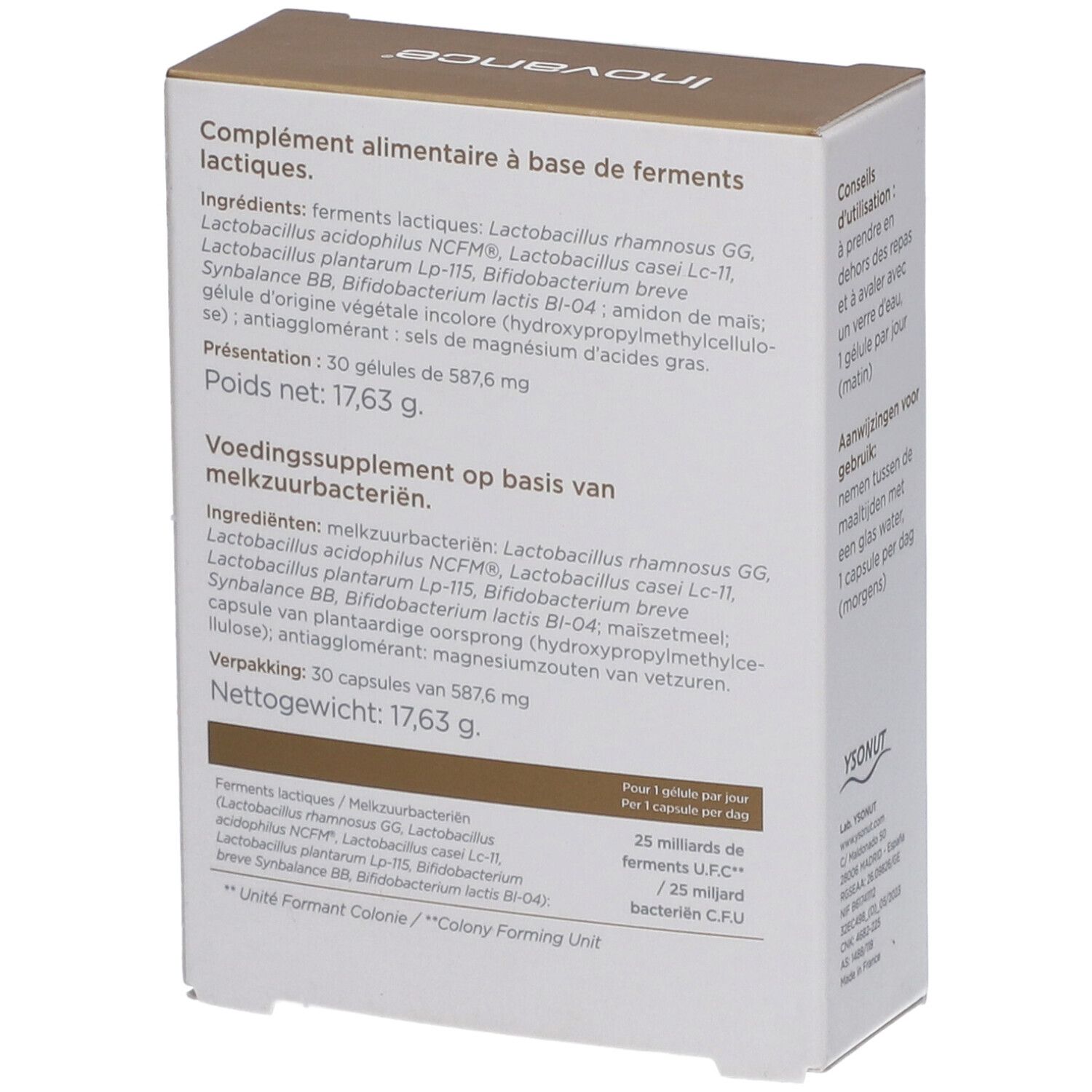 PROBIOVANCE® PREMIUM verpakking. Achterkant met ingrediënten en voedingswaarde. Bevat 30 capsules.
