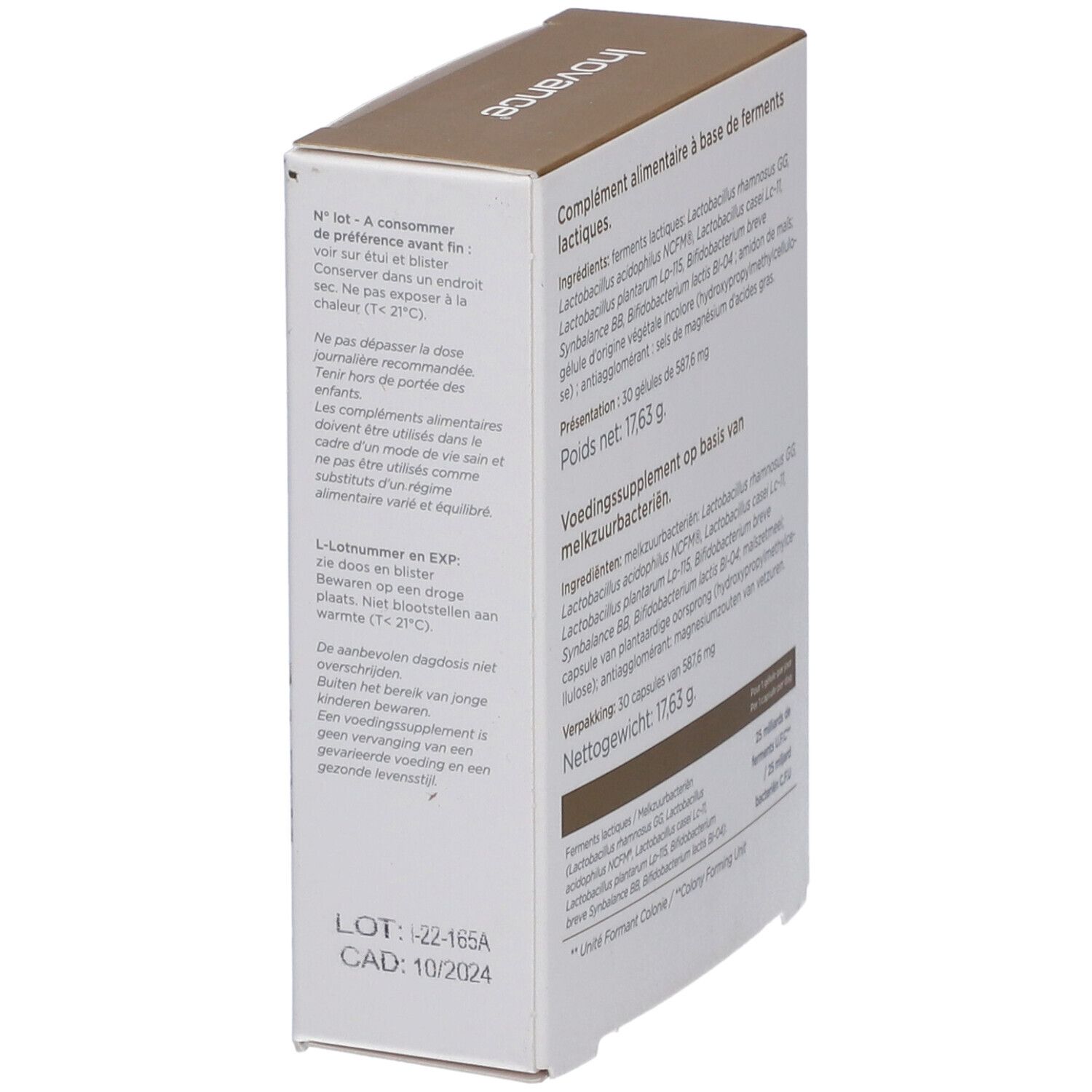 PROBIOVANCE® PREMIUM verpakking. Zijkant met vervaldatum en lotnummer. Inovance logo.