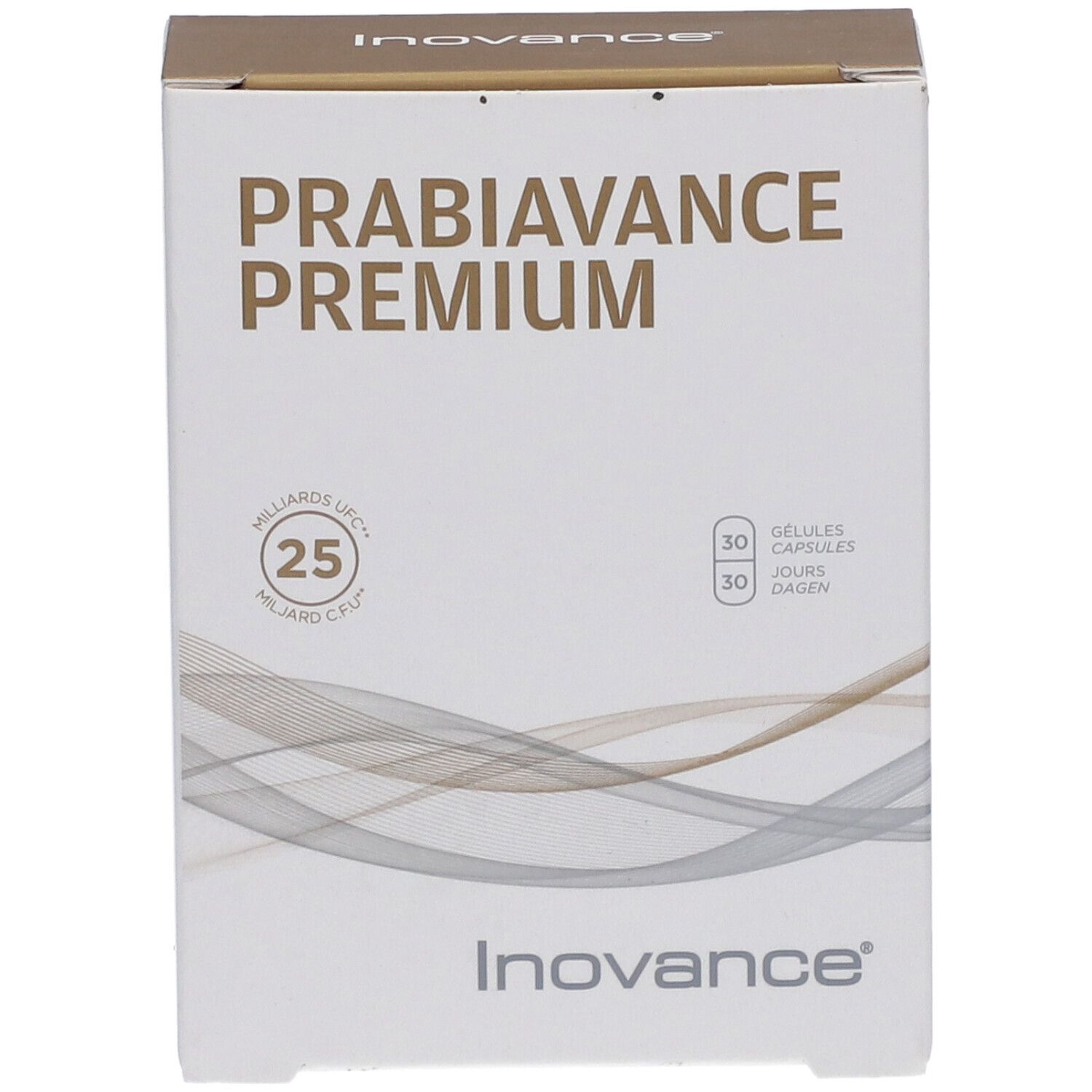 PROBIOVANCE® PREMIUM verpakking. Witte doos met productnaam en logo. Bevat 30 capsules. 25 miljard KVE.