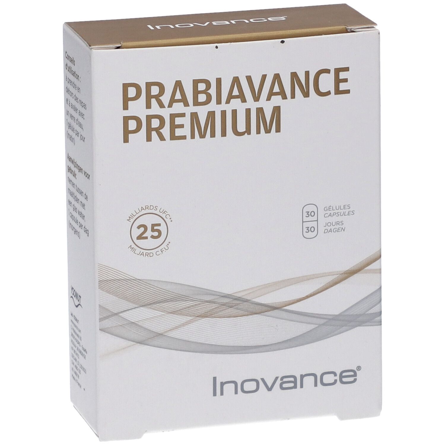 PROBIOVANCE® PREMIUM verpakking. Witte doos met productnaam en logo. Bevat 30 capsules. 25 miljard KVE.
