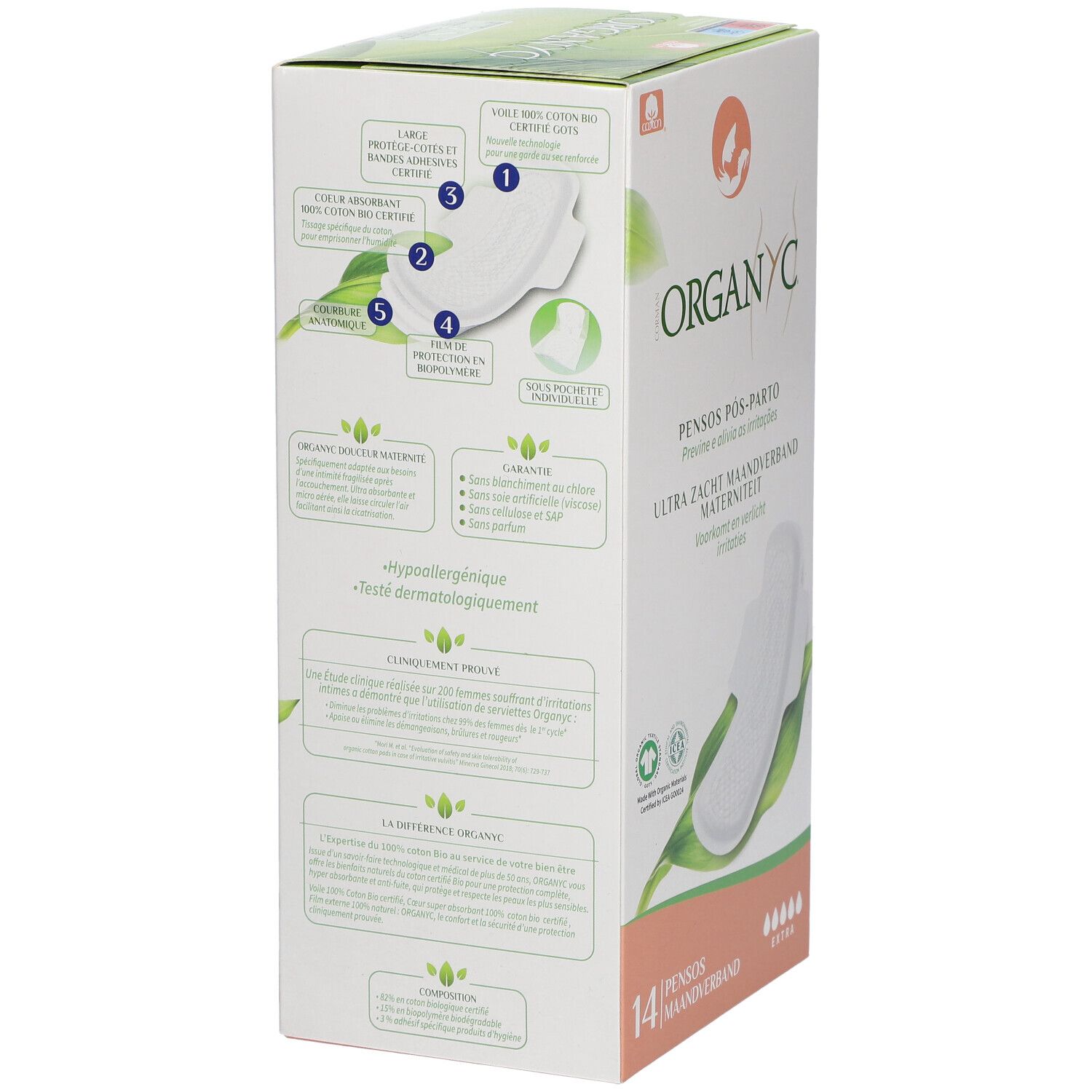 Boîte Organyc® Serviettes Maxi Douceur Maternité, vue latérale. Produit et texte.