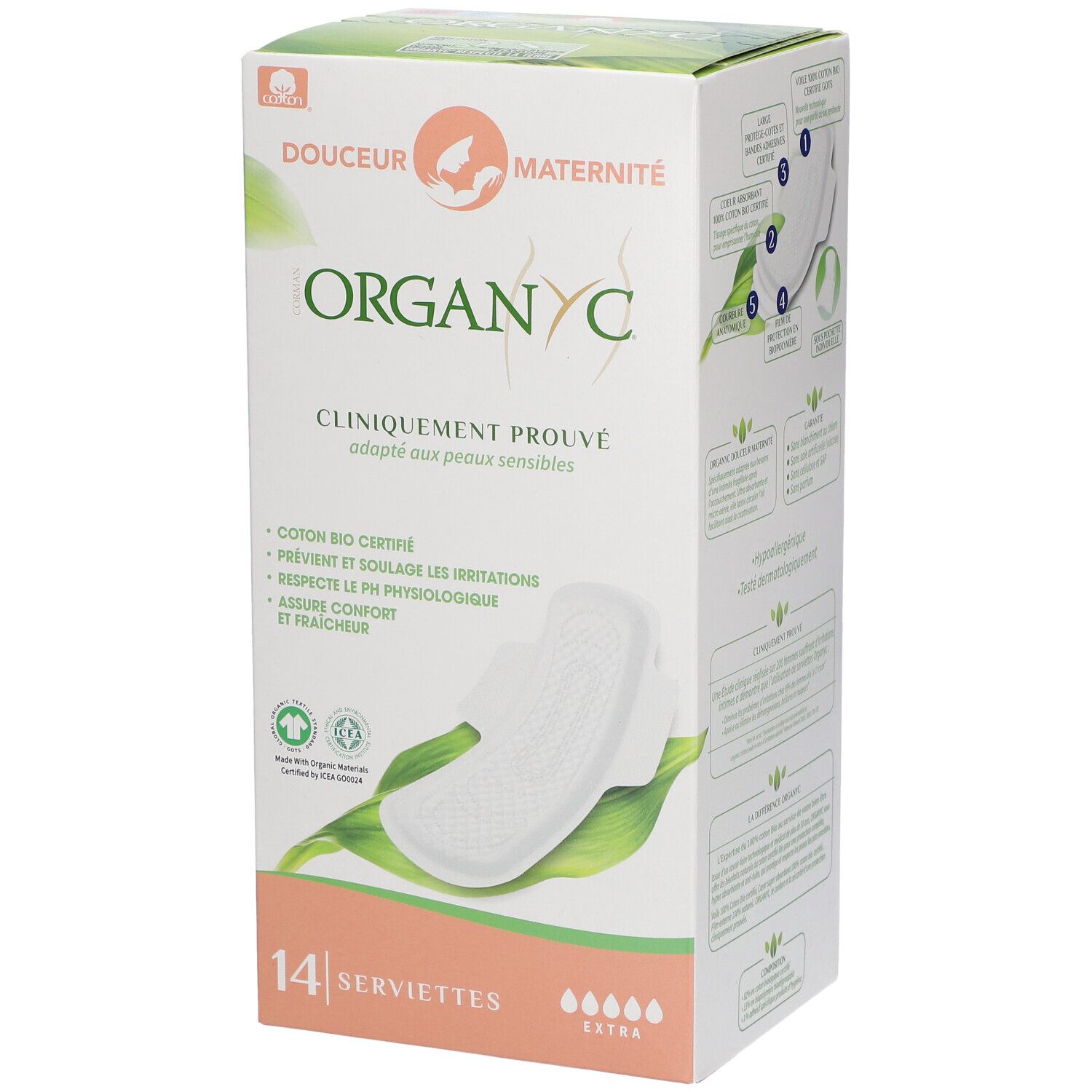 Boîte Organyc® Serviettes Maxi Douceur Maternité. 14 serviettes. Produit et illustration de feuille.