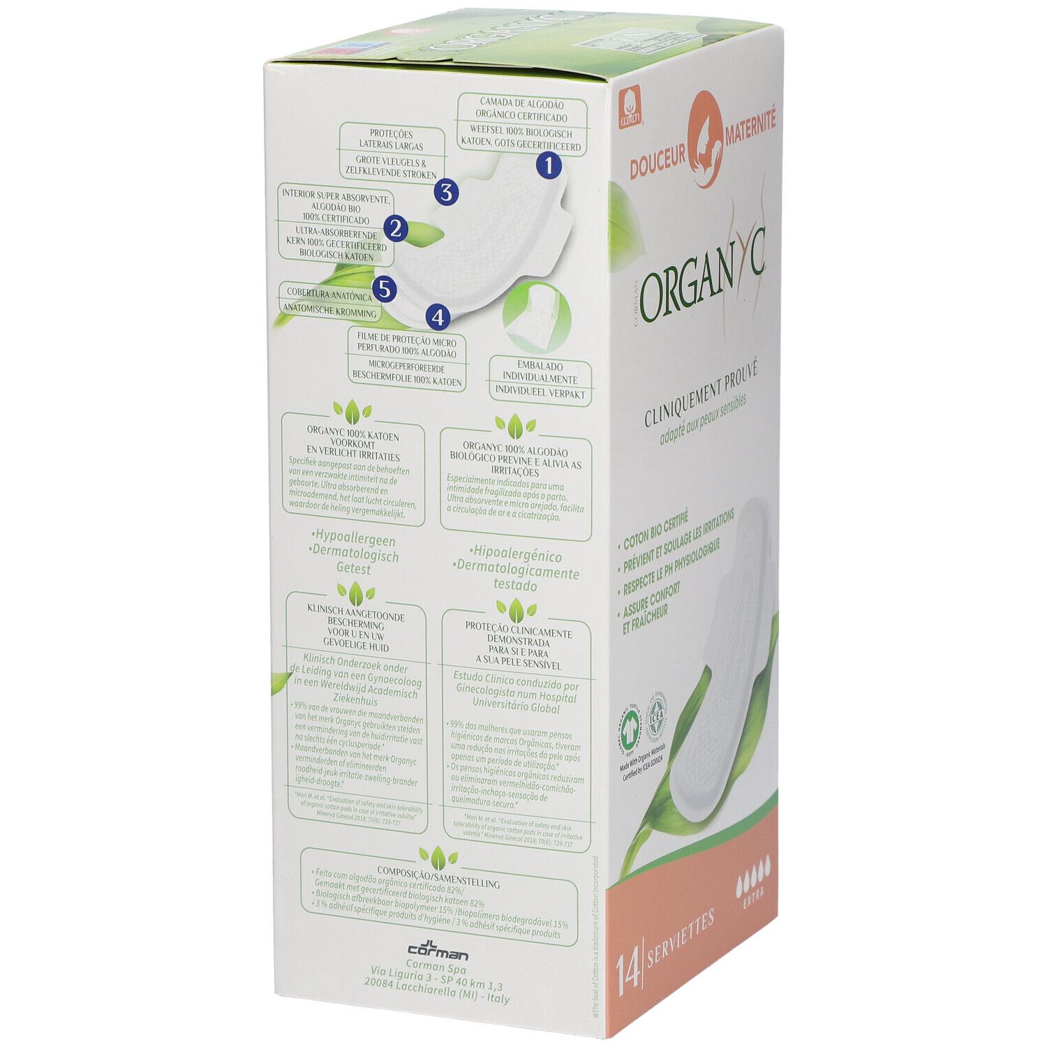 Boîte Organyc® Serviettes Maxi Douceur Maternité, vue latérale. Produit et texte.