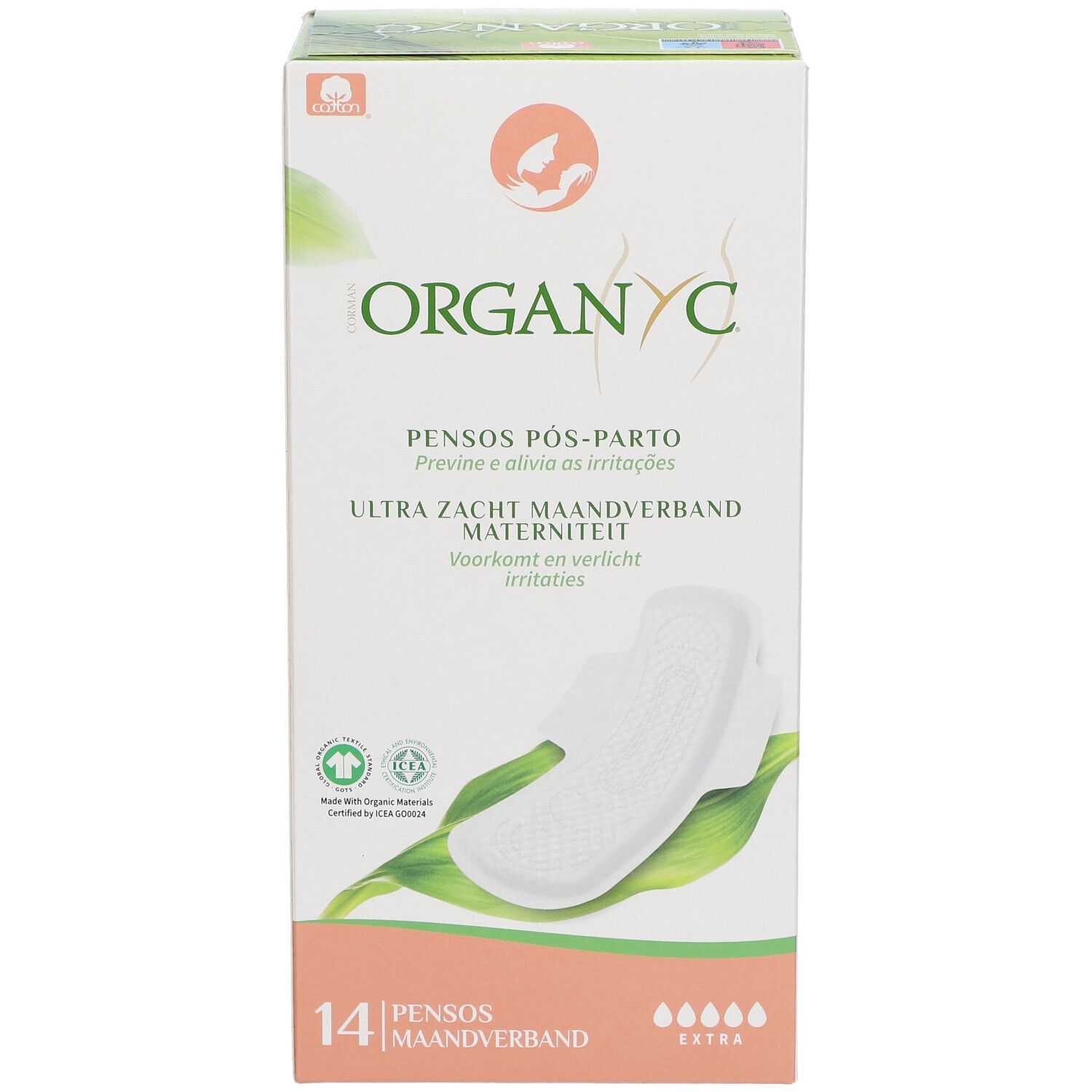 Boîte Organyc® Serviettes Maxi Douceur Maternité. 14 serviettes. Produit et illustration de feuille.
