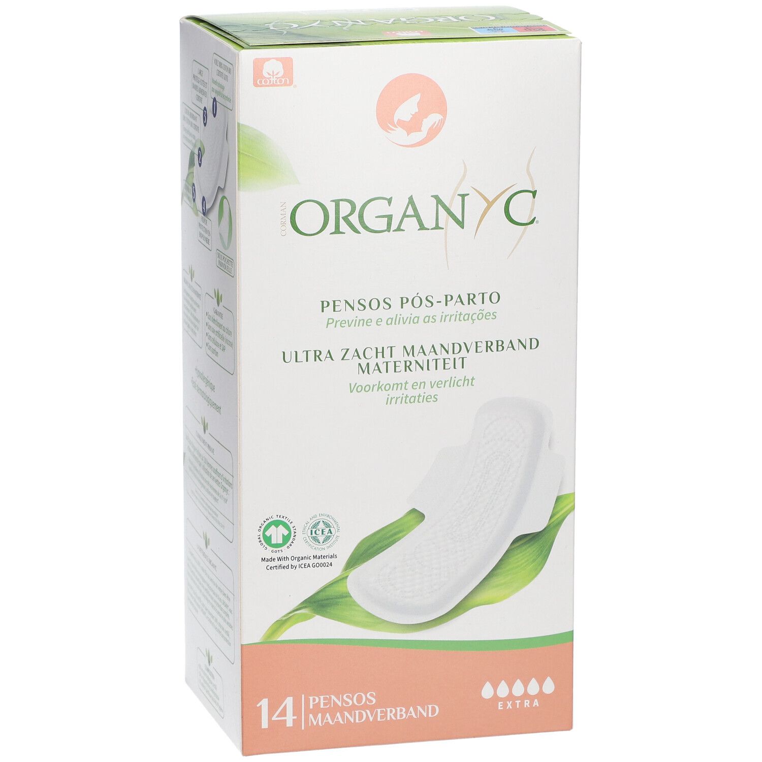 Boîte Organyc® Serviettes Maxi Douceur Maternité. 14 serviettes. Produit et illustration de feuille.
